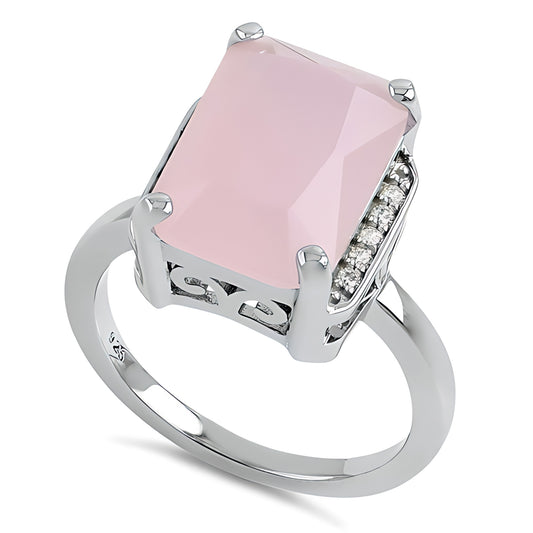 Sterling Silver Big Pink Glass Rectangle Ring for Women, Cubic Zirconia, Promise Ring Gift