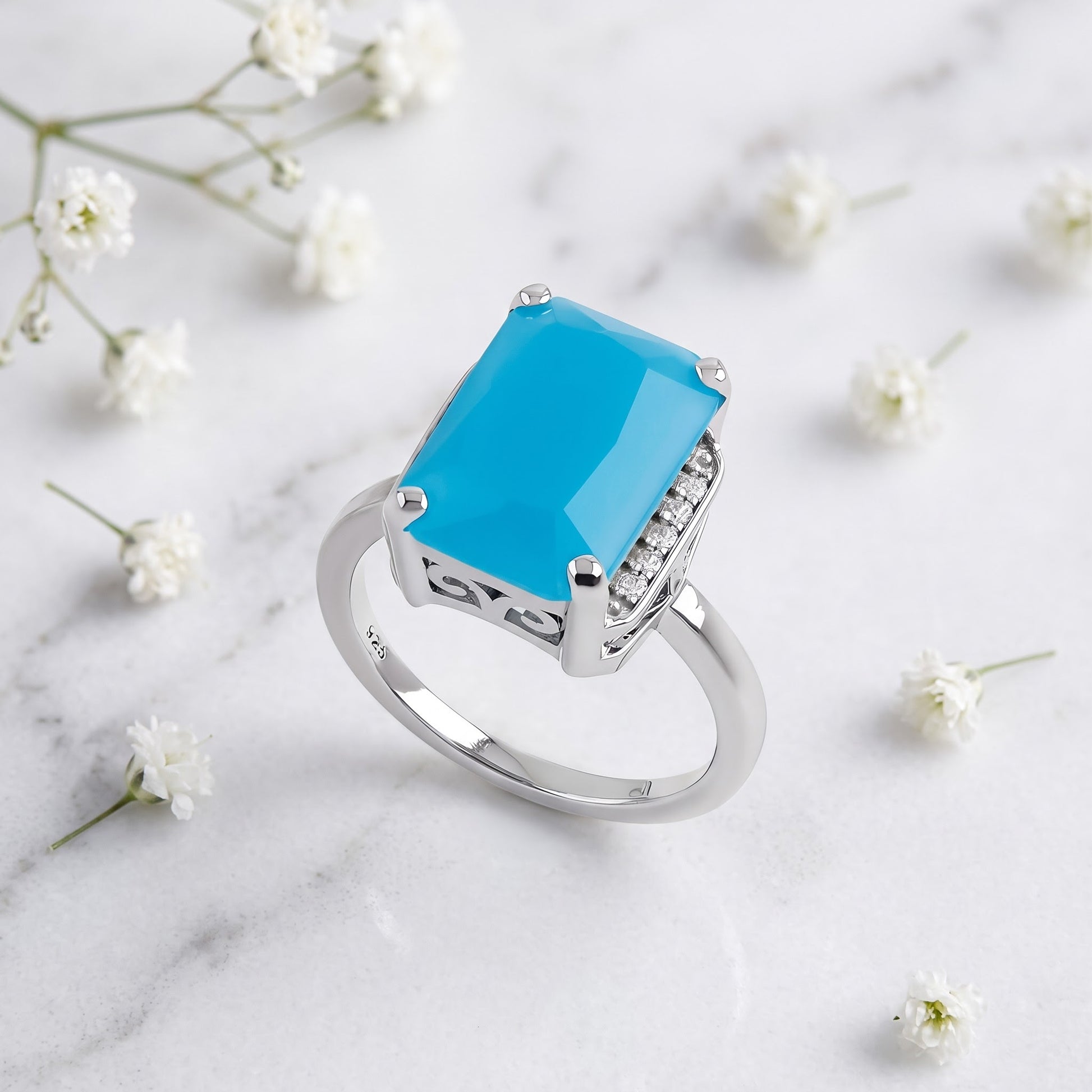 Sterling Silver Big Blue Glass Rectangle Ring for Women, Cubic Zirconia, Promise Ring Gift view 1
