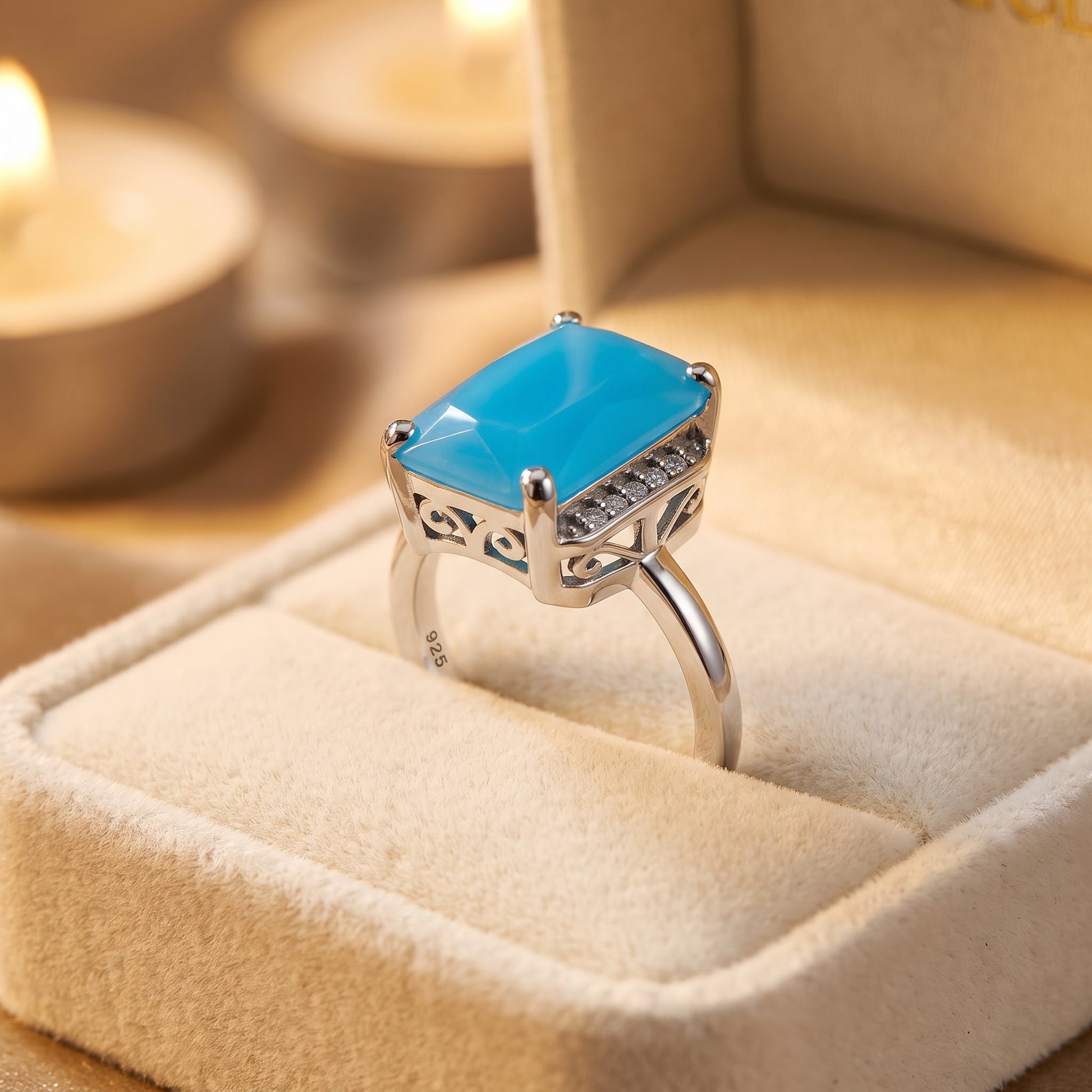 Sterling Silver Big Blue Glass Rectangle Ring for Women, Cubic Zirconia, Promise Ring Gift view 3