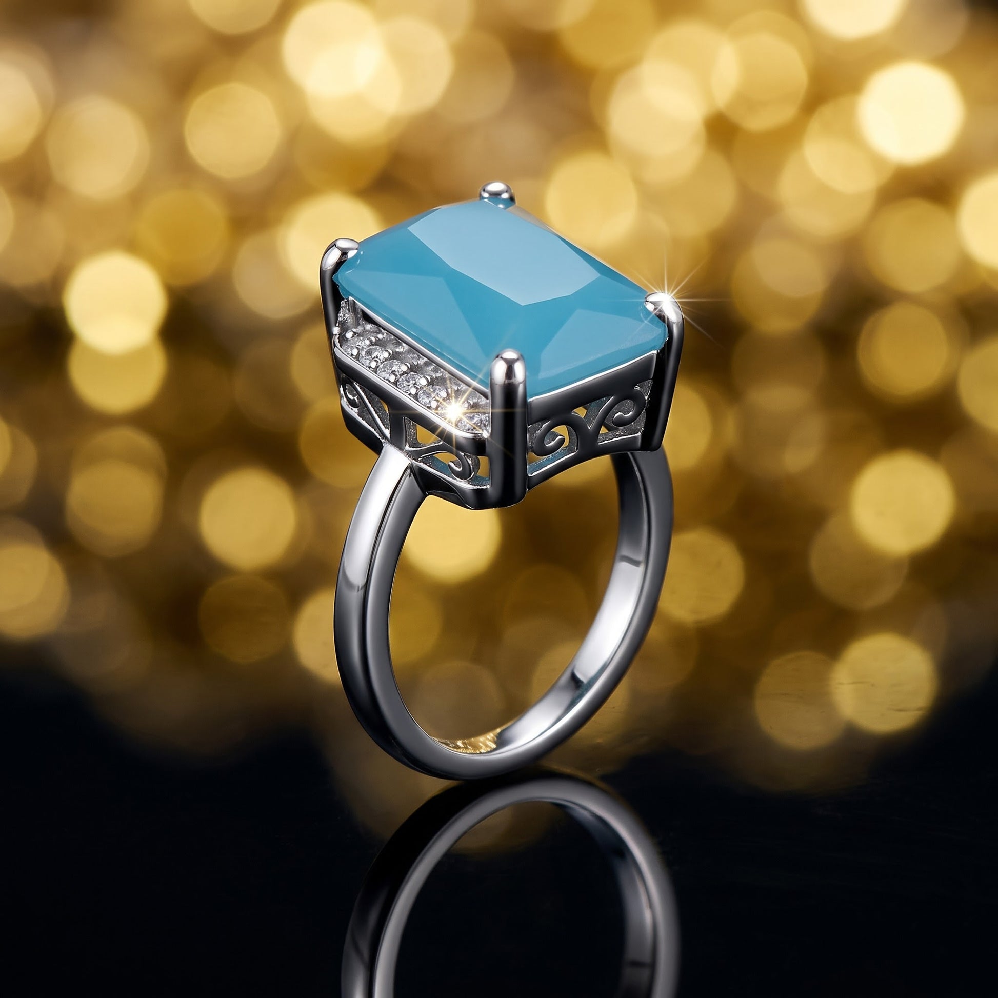 Sterling Silver Big Blue Glass Rectangle Ring for Women, Cubic Zirconia, Promise Ring Gift view 4