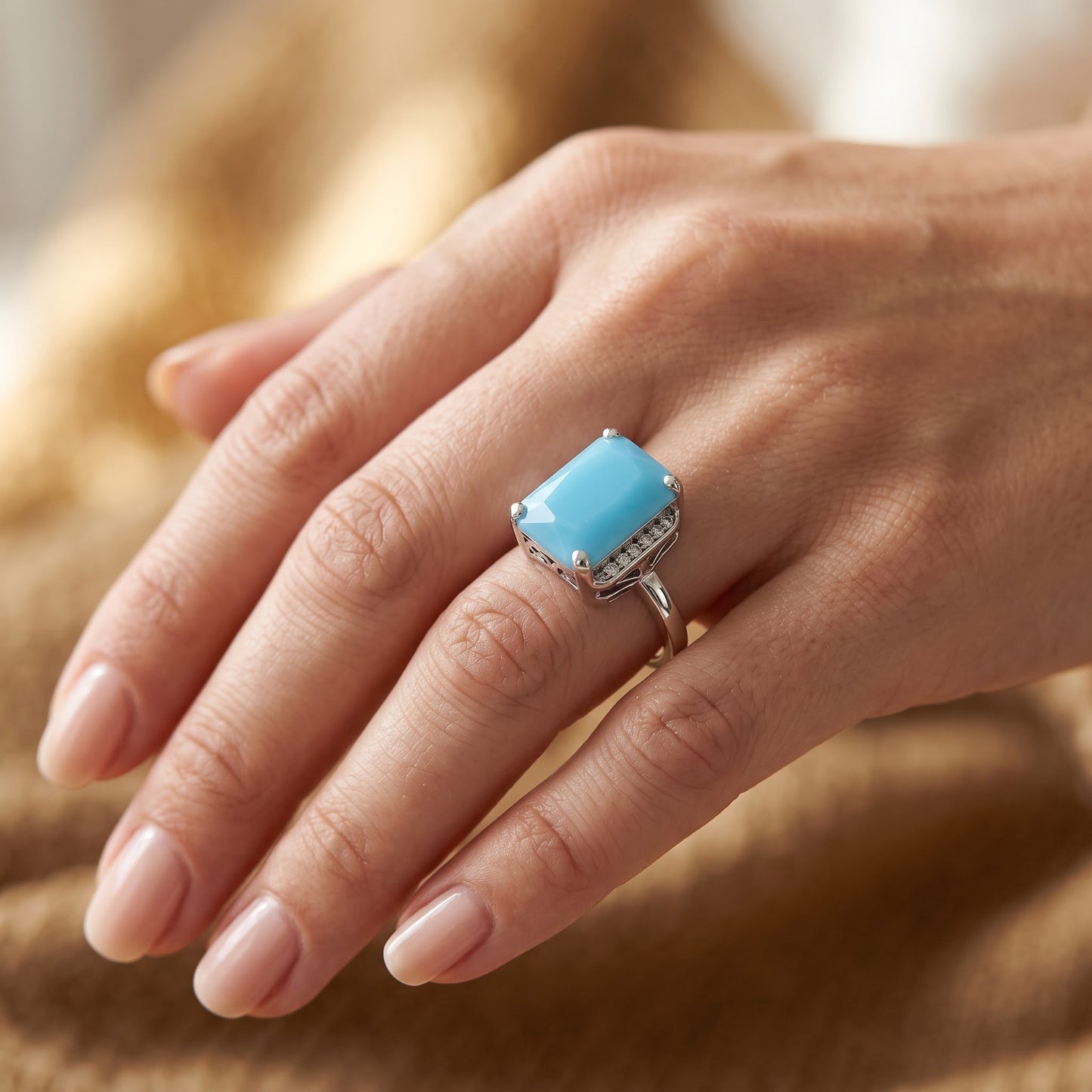 Sterling Silver Big Blue Glass Rectangle Ring for Women, Cubic Zirconia, Promise Ring Gift view 5