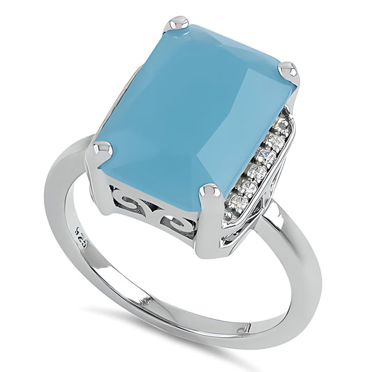 Sterling Silver Big Blue Glass Rectangle Ring for Women, Cubic Zirconia, Promise Ring Gift