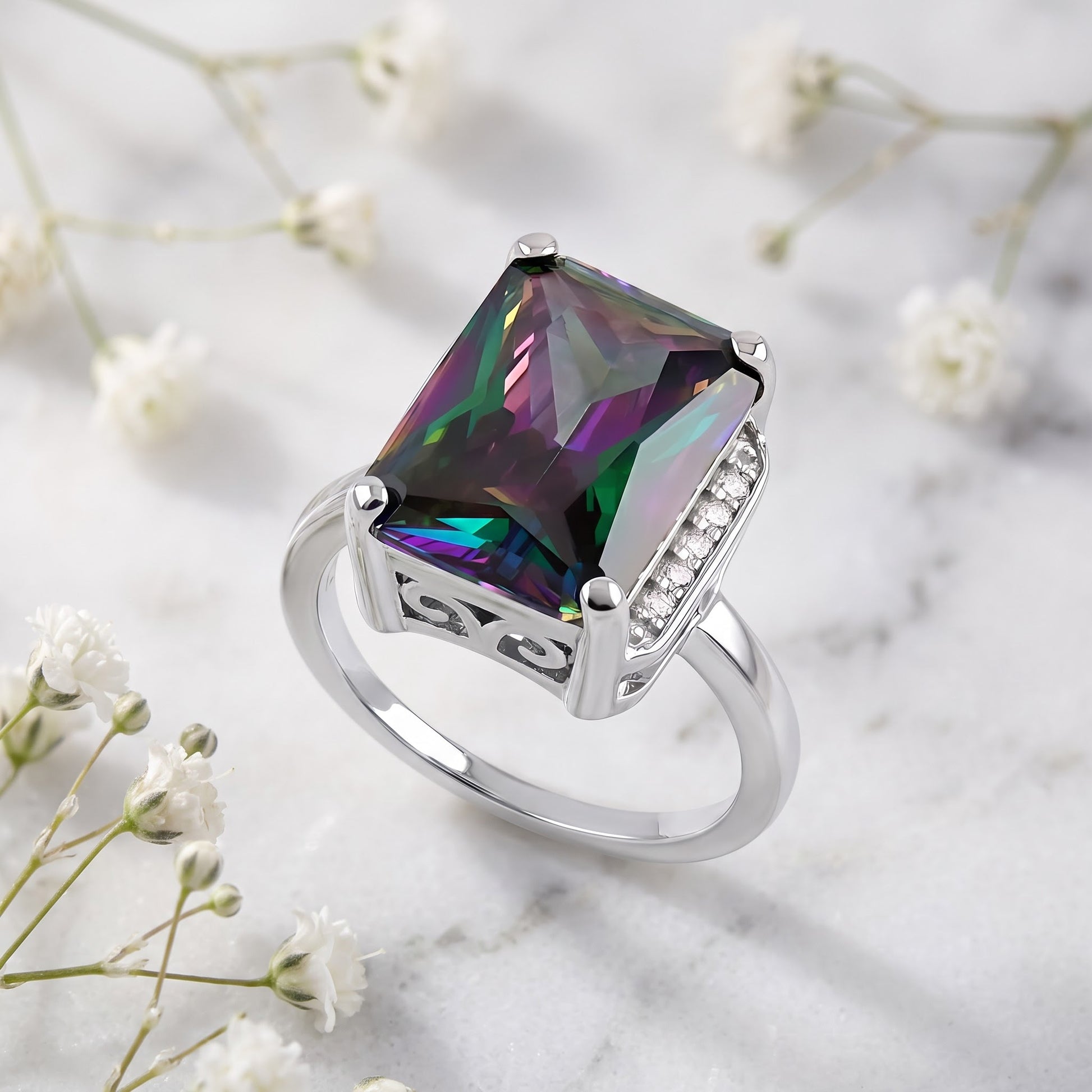 Sterling Silver Big Rainbow Rectangle CZ Ring for Women, Cubic Zirconia, Promise Ring Gift view 1