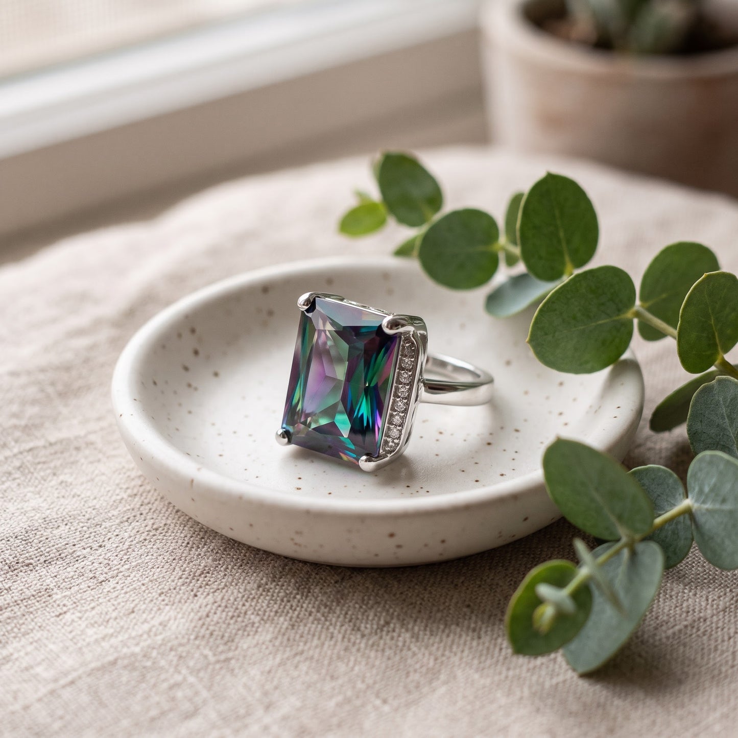Sterling Silver Big Rainbow Rectangle CZ Ring for Women, Cubic Zirconia, Promise Ring Gift view 2
