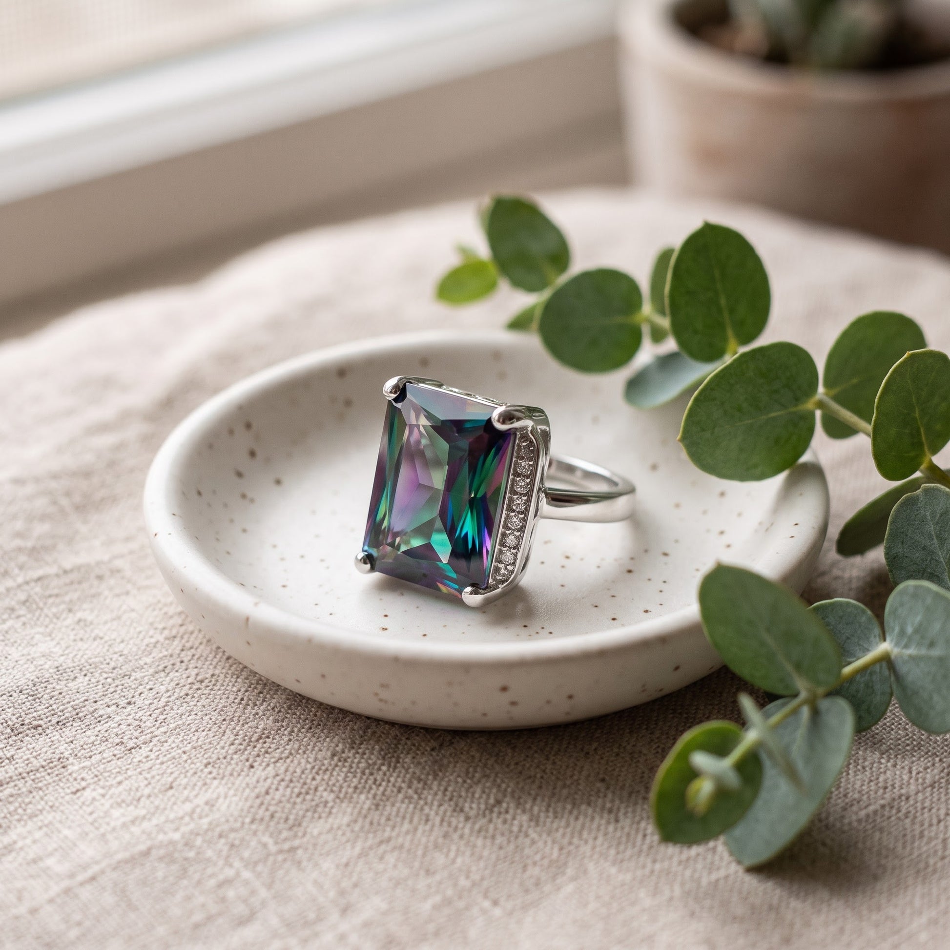 Sterling Silver Big Rainbow Rectangle CZ Ring for Women, Cubic Zirconia, Promise Ring Gift view 2