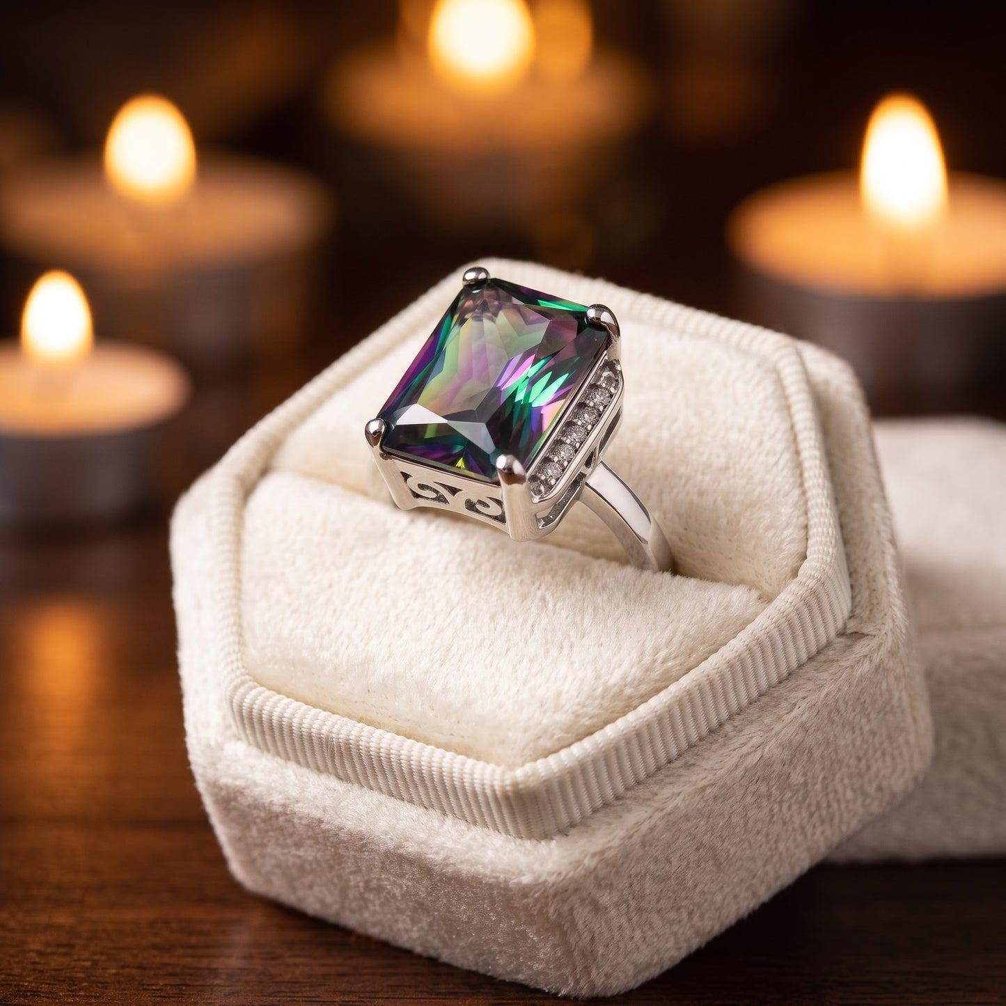 Sterling Silver Big Rainbow Rectangle CZ Ring for Women, Cubic Zirconia, Promise Ring Gift view 3