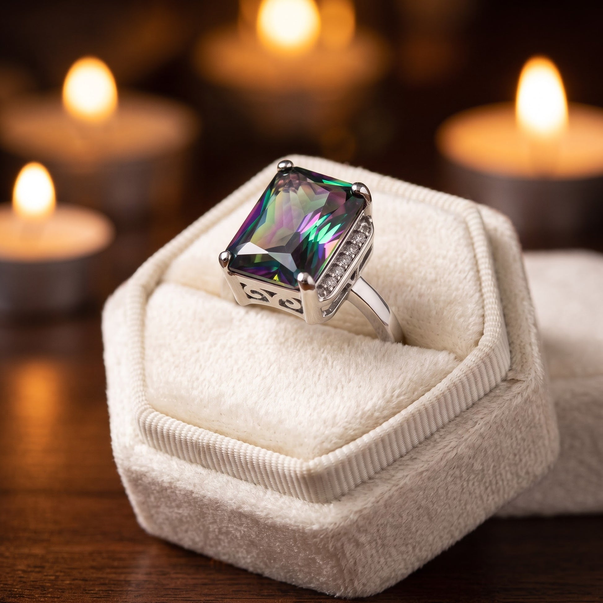 Sterling Silver Big Rainbow Rectangle CZ Ring for Women, Cubic Zirconia, Promise Ring Gift view 3