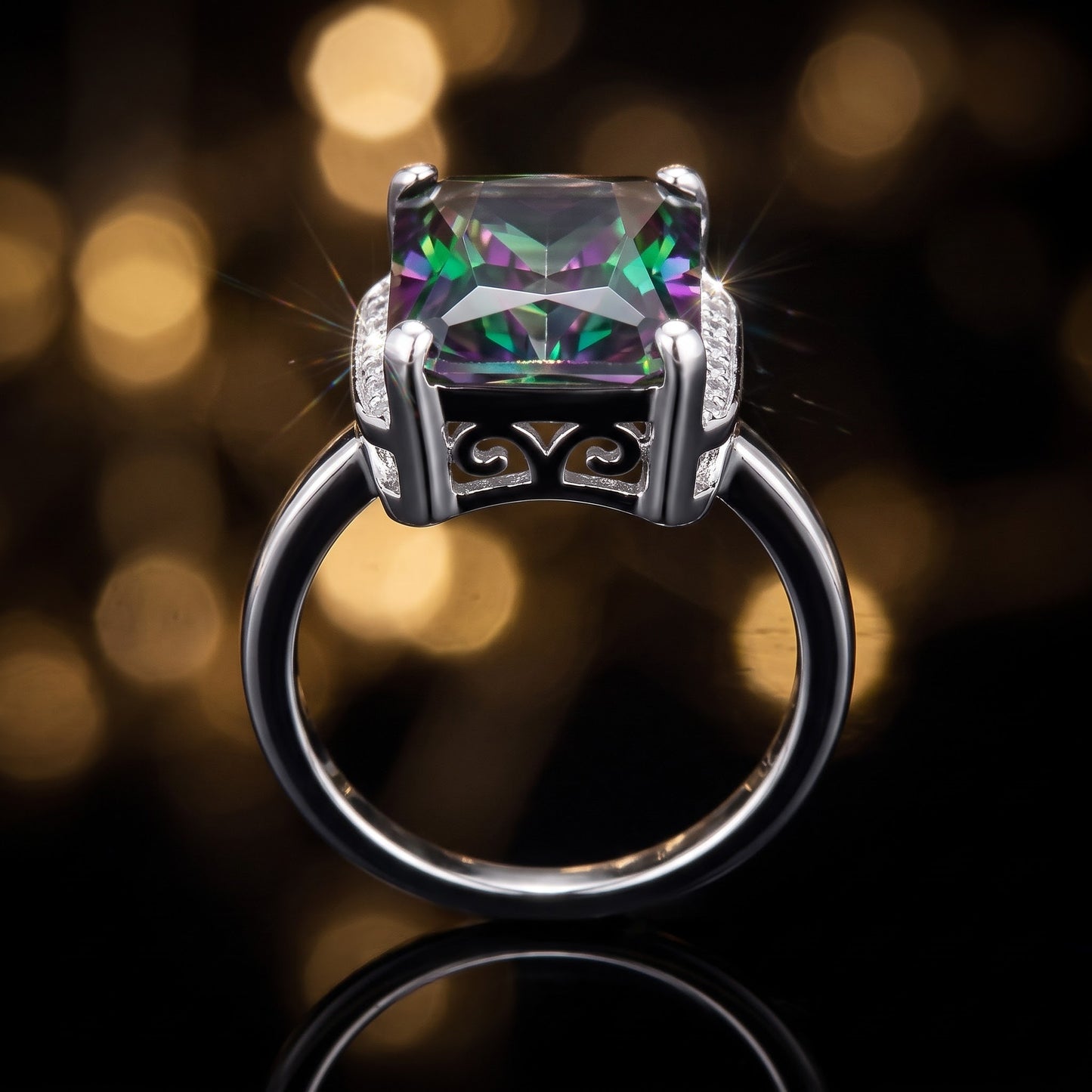 Sterling Silver Big Rainbow Rectangle CZ Ring for Women, Cubic Zirconia, Promise Ring Gift view 4