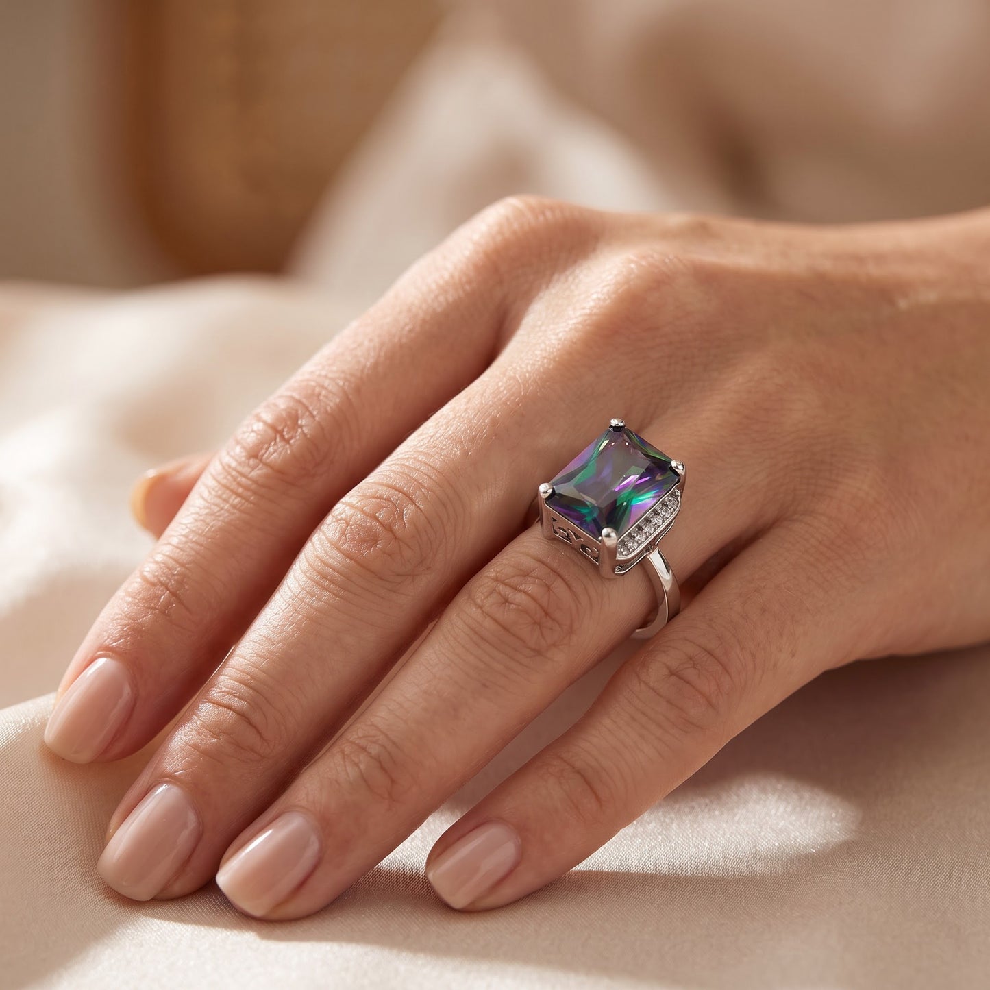 Sterling Silver Big Rainbow Rectangle CZ Ring for Women, Cubic Zirconia, Promise Ring Gift view 5