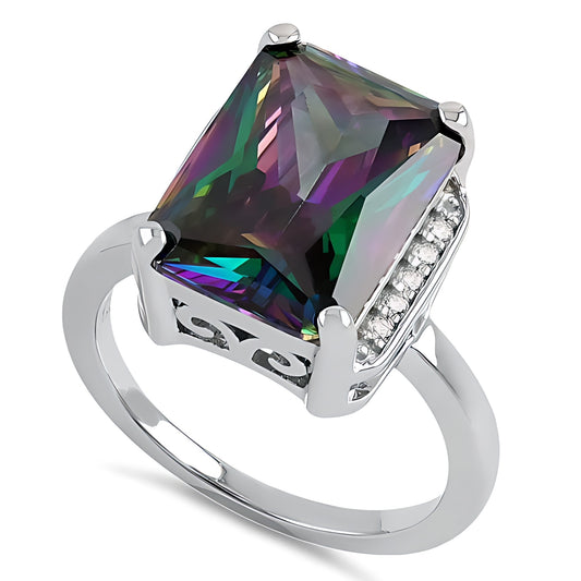 Sterling Silver Big Rainbow Rectangle CZ Ring for Women, Cubic Zirconia, Promise Ring Gift