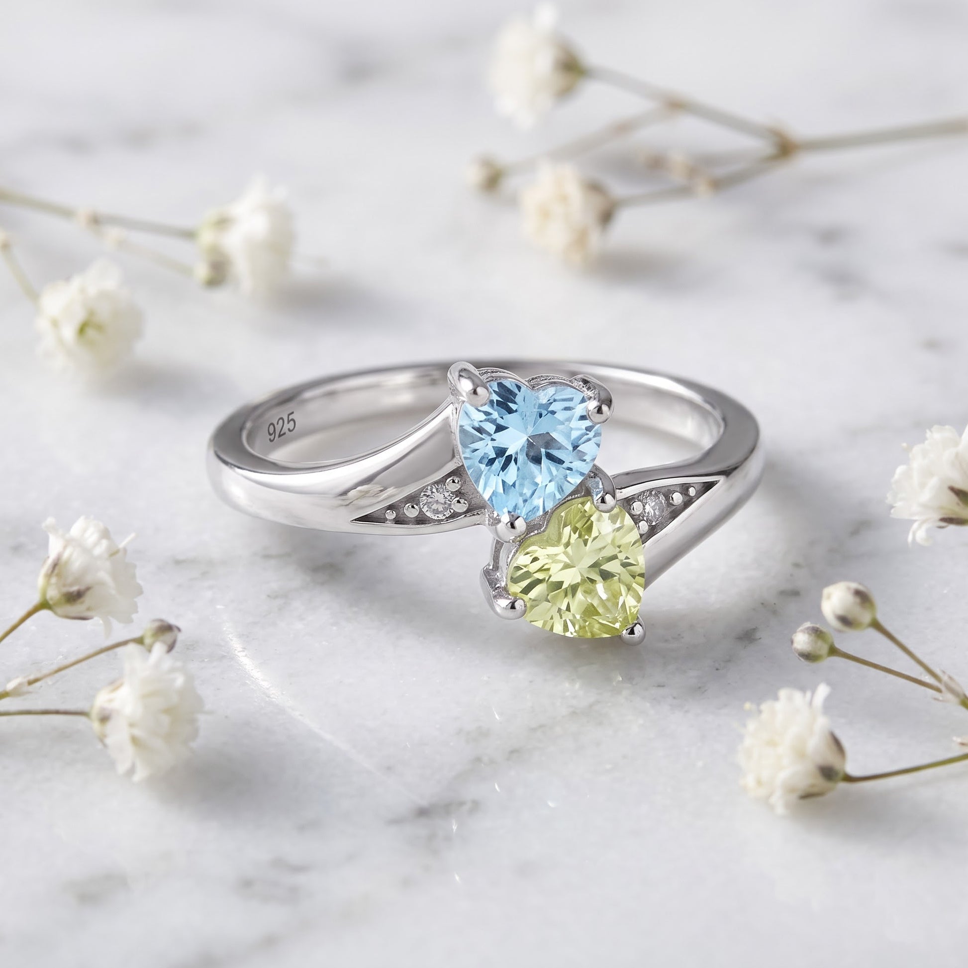 Sterling Silver Double Heart Apple Green & Aquamarine CZ Ring for Women, Heart Cubic Zirconia, Promise Ring Gift view 1