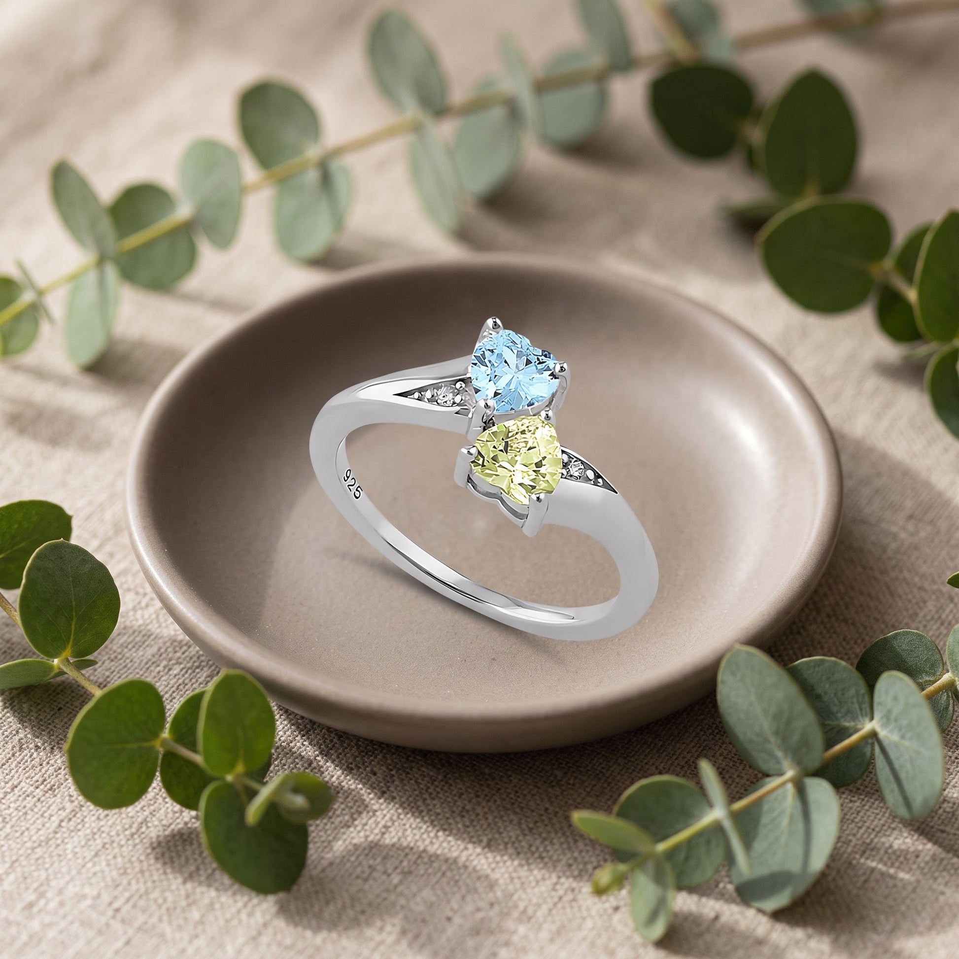 Sterling Silver Double Heart Apple Green & Aquamarine CZ Ring for Women, Heart Cubic Zirconia, Promise Ring Gift view 2