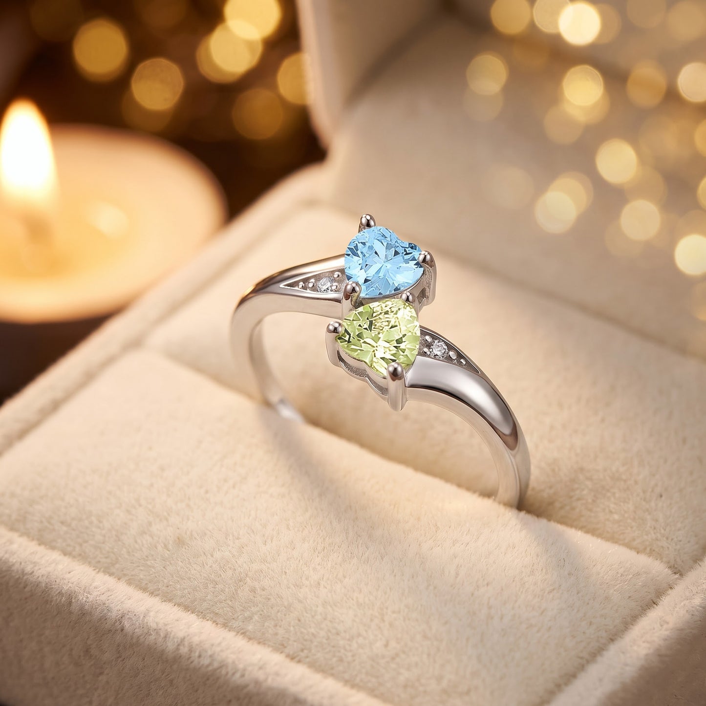 Sterling Silver Double Heart Apple Green & Aquamarine CZ Ring for Women, Heart Cubic Zirconia, Promise Ring Gift view 3
