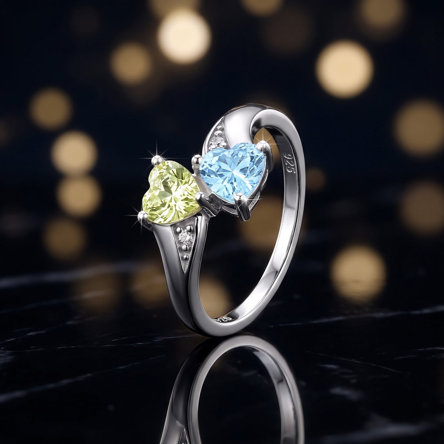 Sterling Silver Double Heart Apple Green & Aquamarine CZ Ring for Women, Heart Cubic Zirconia, Promise Ring Gift view 4