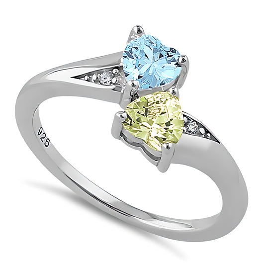 Sterling Silver Double Heart Apple Green & Aquamarine CZ Ring for Women, Heart Cubic Zirconia, Promise Ring Gift