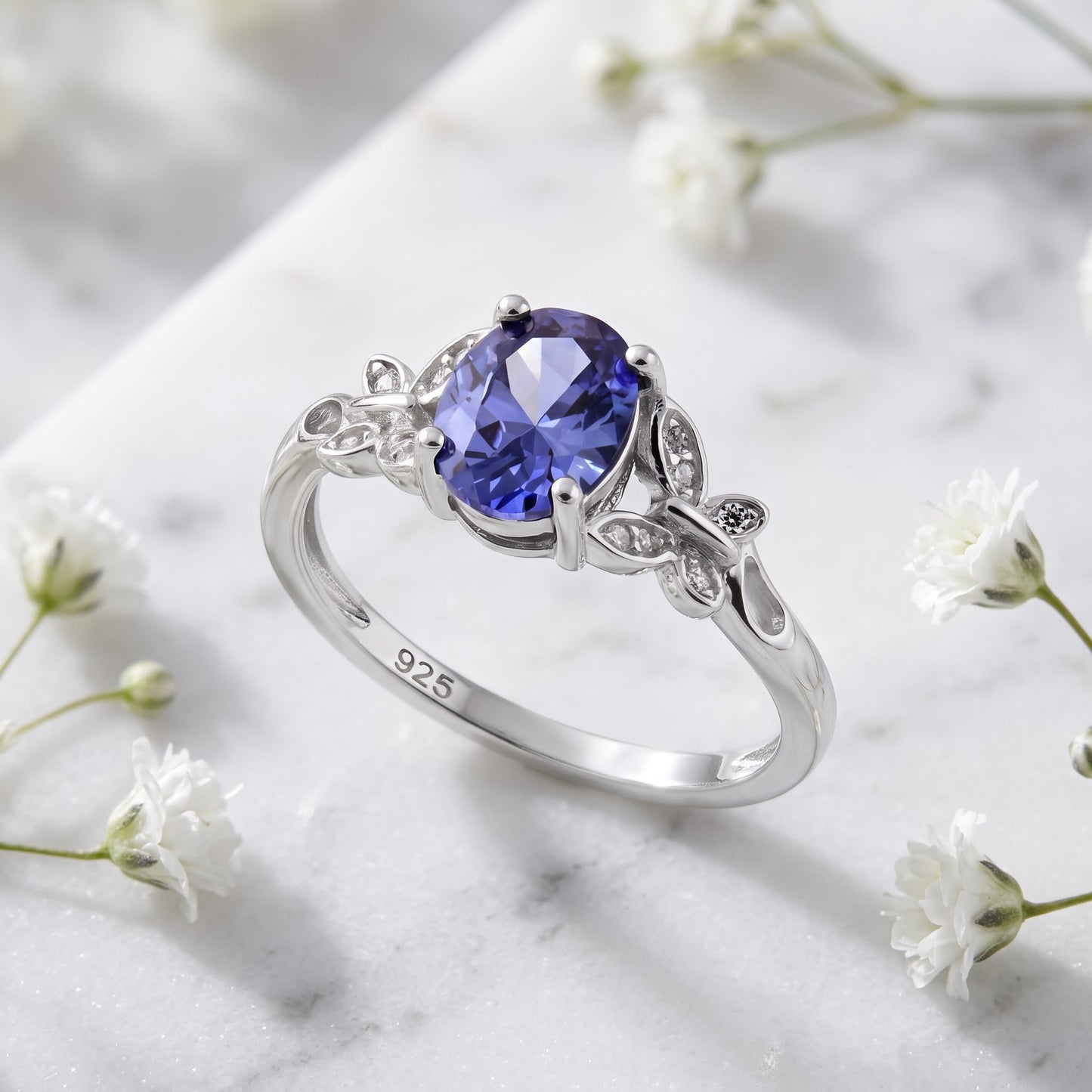 Sterling Silver Double Butterfly Tanzanite Center Stone CZ Ring for Women, Cubic Zirconia, Promise Ring Gift view 1