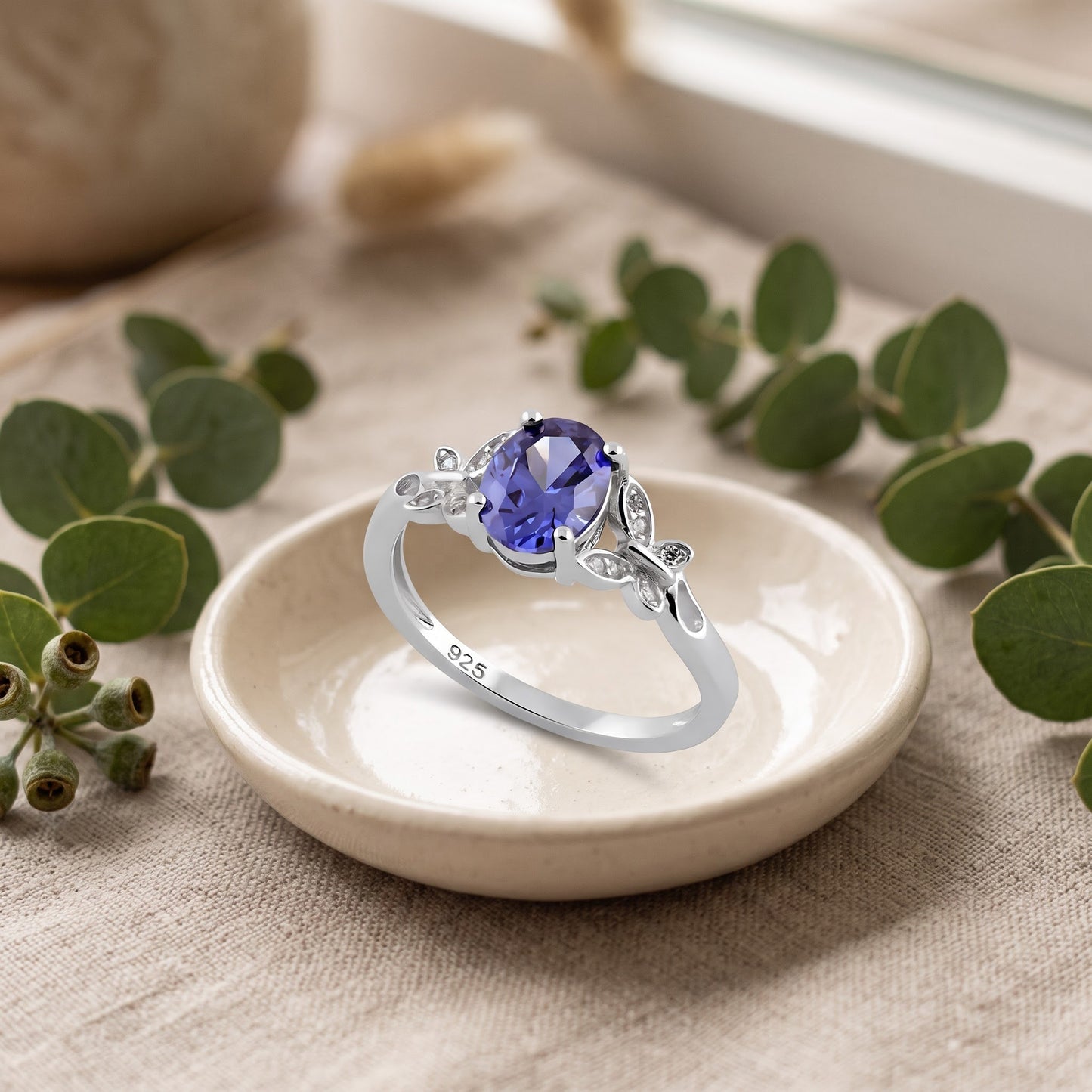 Sterling Silver Double Butterfly Tanzanite Center Stone CZ Ring for Women, Cubic Zirconia, Promise Ring Gift view 2