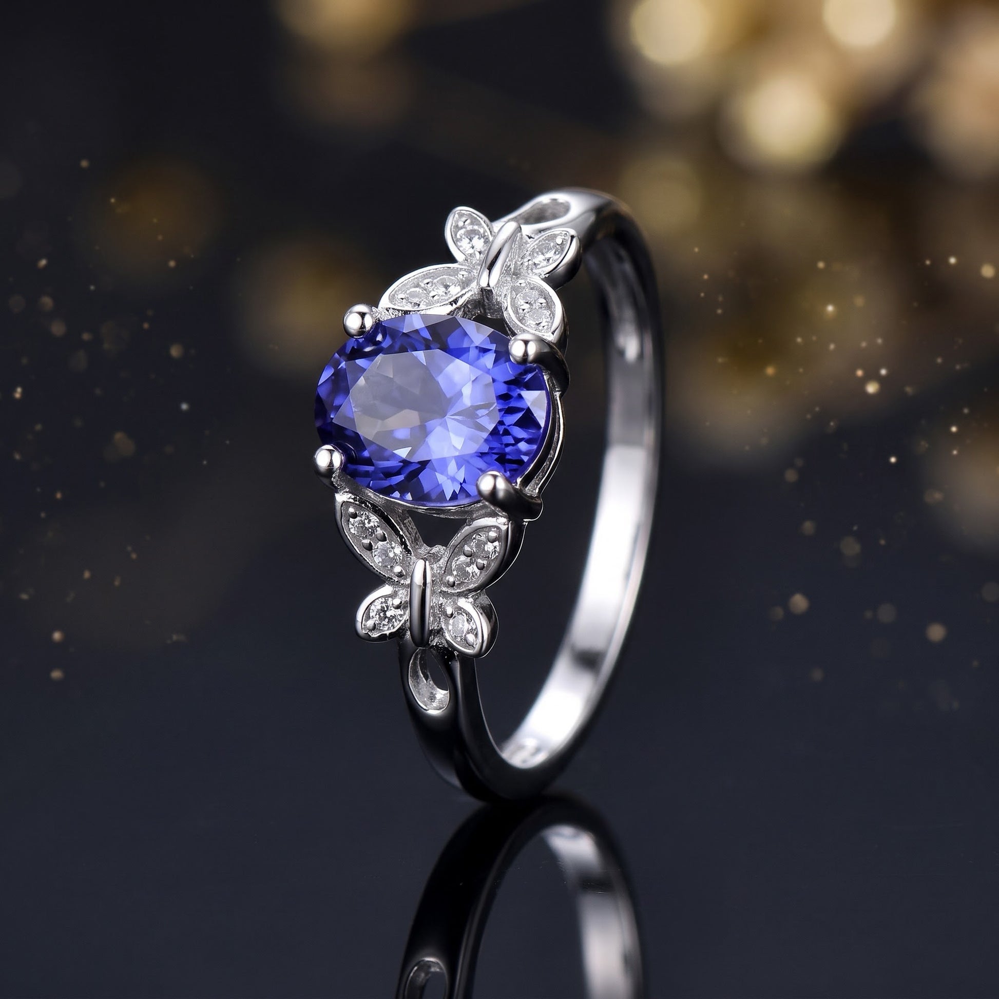 Sterling Silver Double Butterfly Tanzanite Center Stone CZ Ring for Women, Cubic Zirconia, Promise Ring Gift view 4