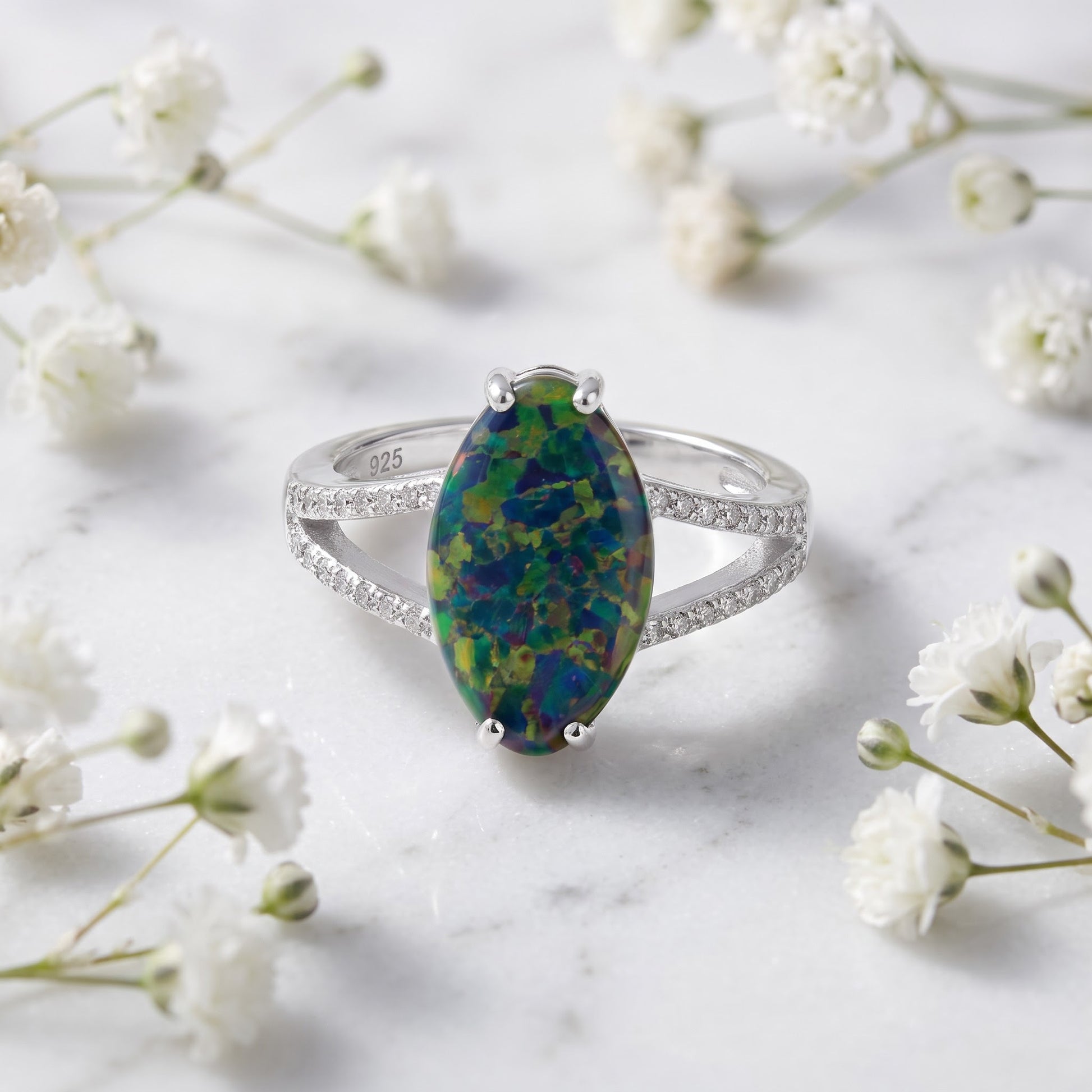 Sterling Silver Marquise Green-Black Lab Opal Ring for Women, Marquise CZ & Lab Opal, Promise Ring Gift view 1