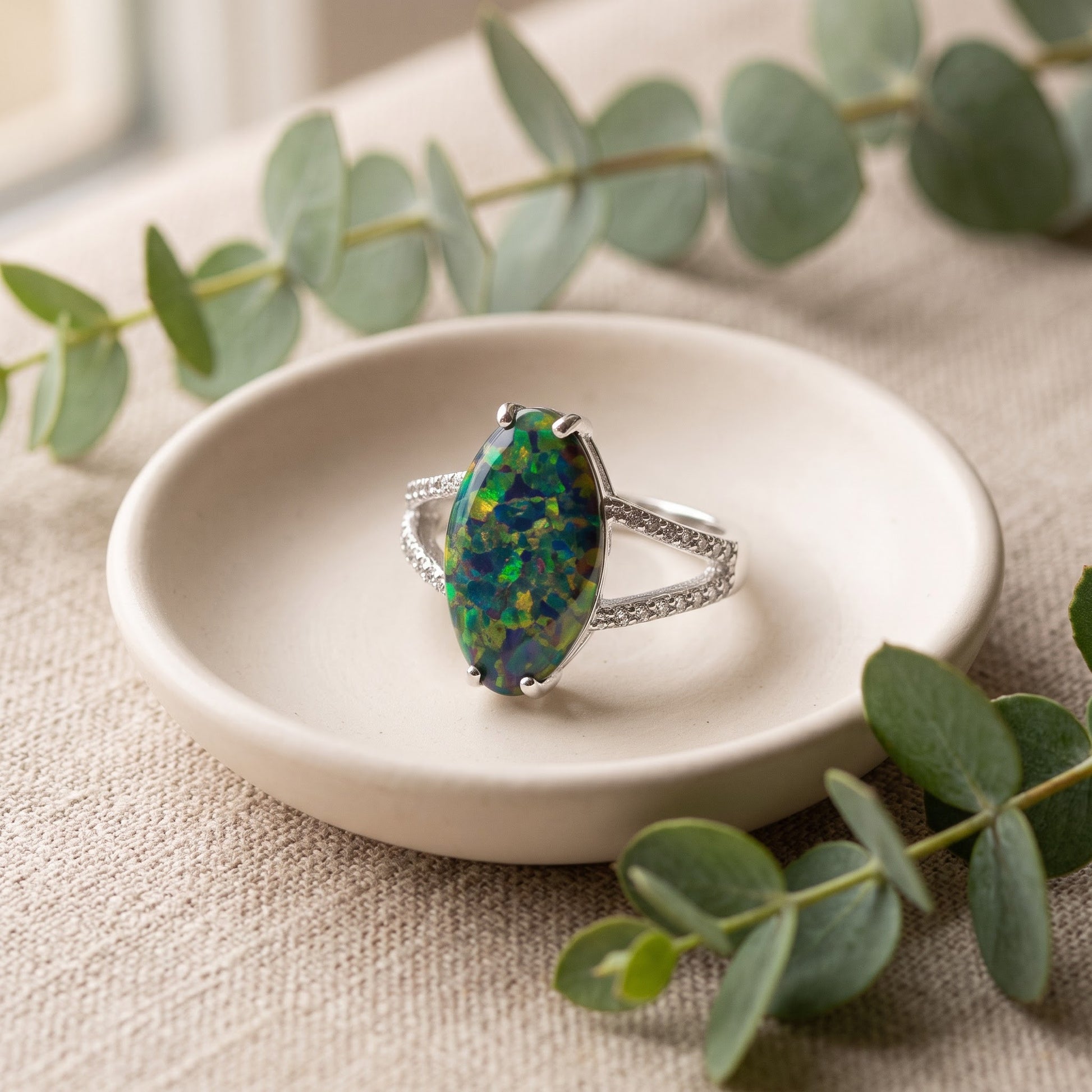 Sterling Silver Marquise Green-Black Lab Opal Ring for Women, Marquise CZ & Lab Opal, Promise Ring Gift view 2