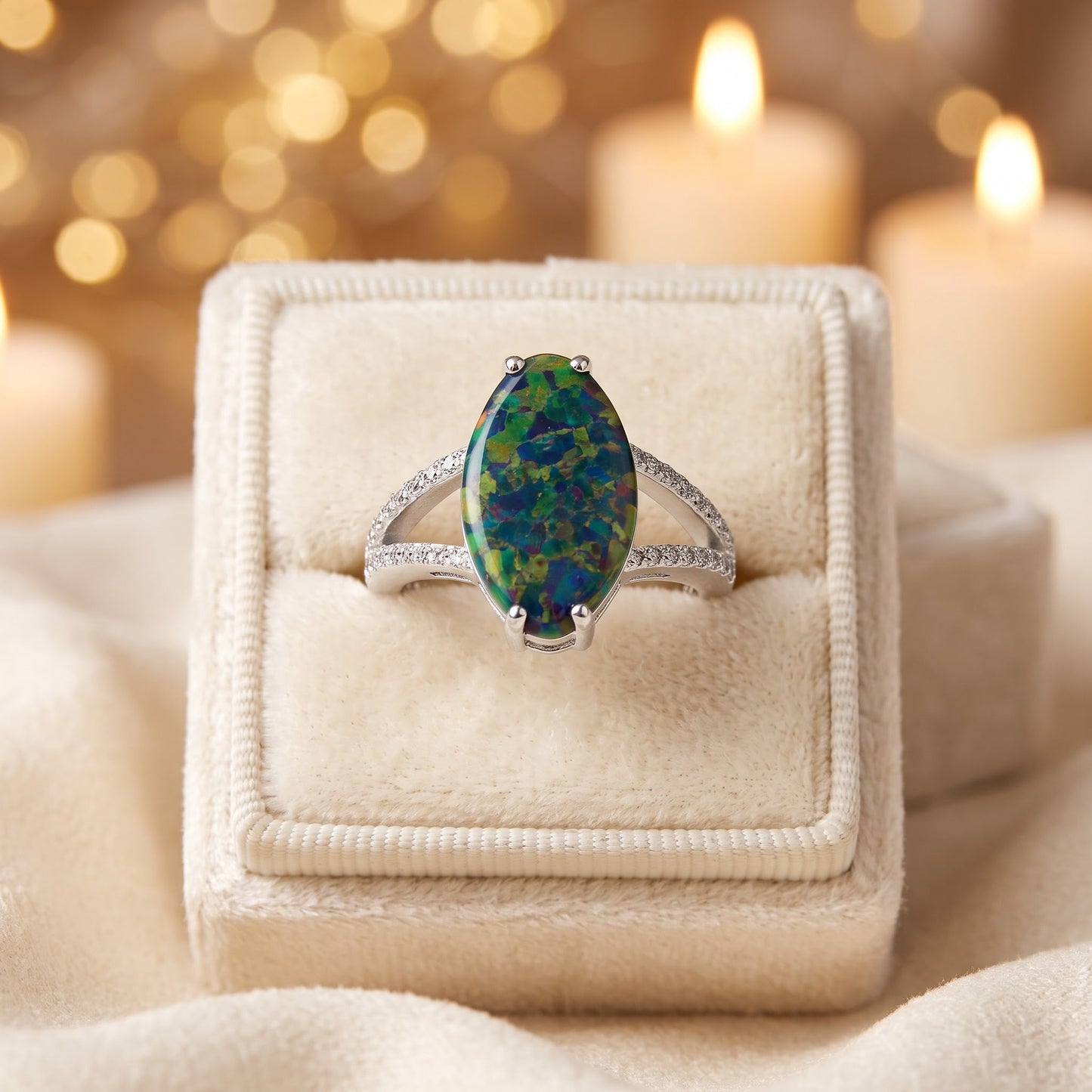 Sterling Silver Marquise Green-Black Lab Opal Ring for Women, Marquise CZ & Lab Opal, Promise Ring Gift view 3