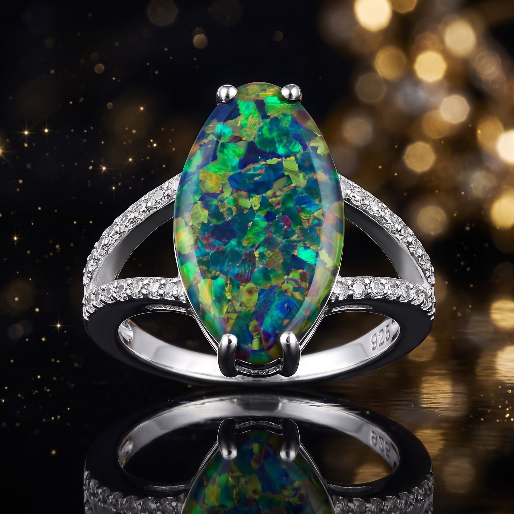 Sterling Silver Marquise Green-Black Lab Opal Ring for Women, Marquise CZ & Lab Opal, Promise Ring Gift view 4