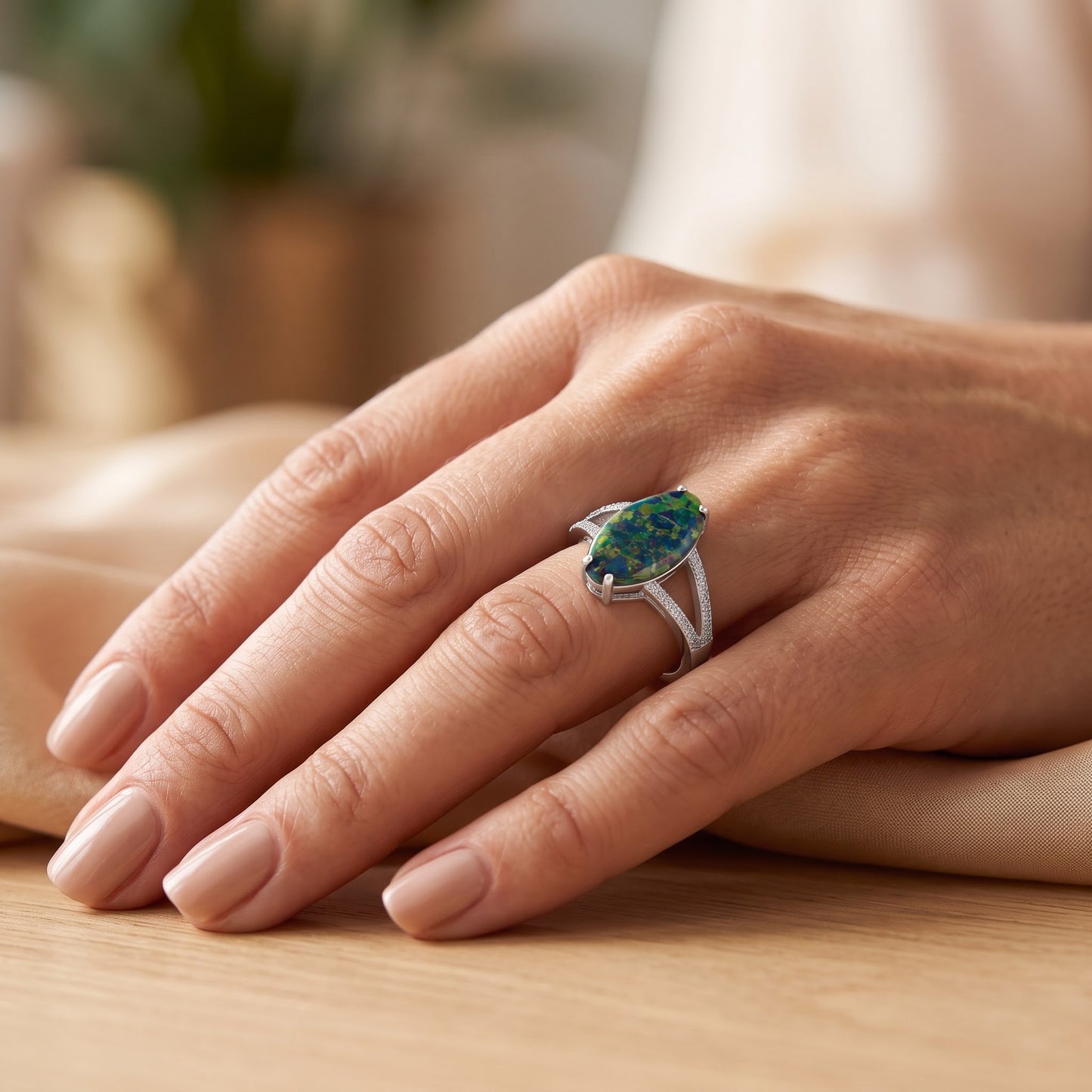 Sterling Silver Marquise Green-Black Lab Opal Ring for Women, Marquise CZ & Lab Opal, Promise Ring Gift view 5