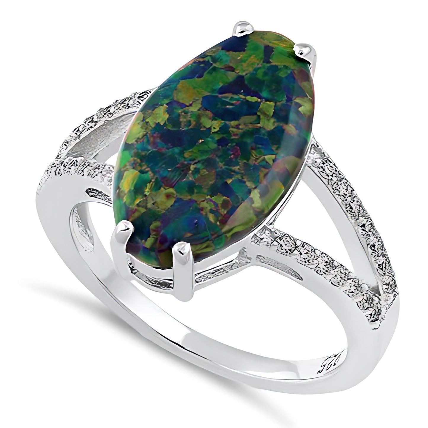 Sterling Silver Marquise Green-Black Lab Opal Ring for Women, Marquise CZ & Lab Opal, Promise Ring Gift