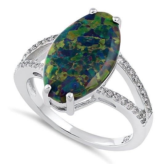 Sterling Silver Marquise Green-Black Lab Opal Ring for Women, Marquise CZ & Lab Opal, Promise Ring Gift