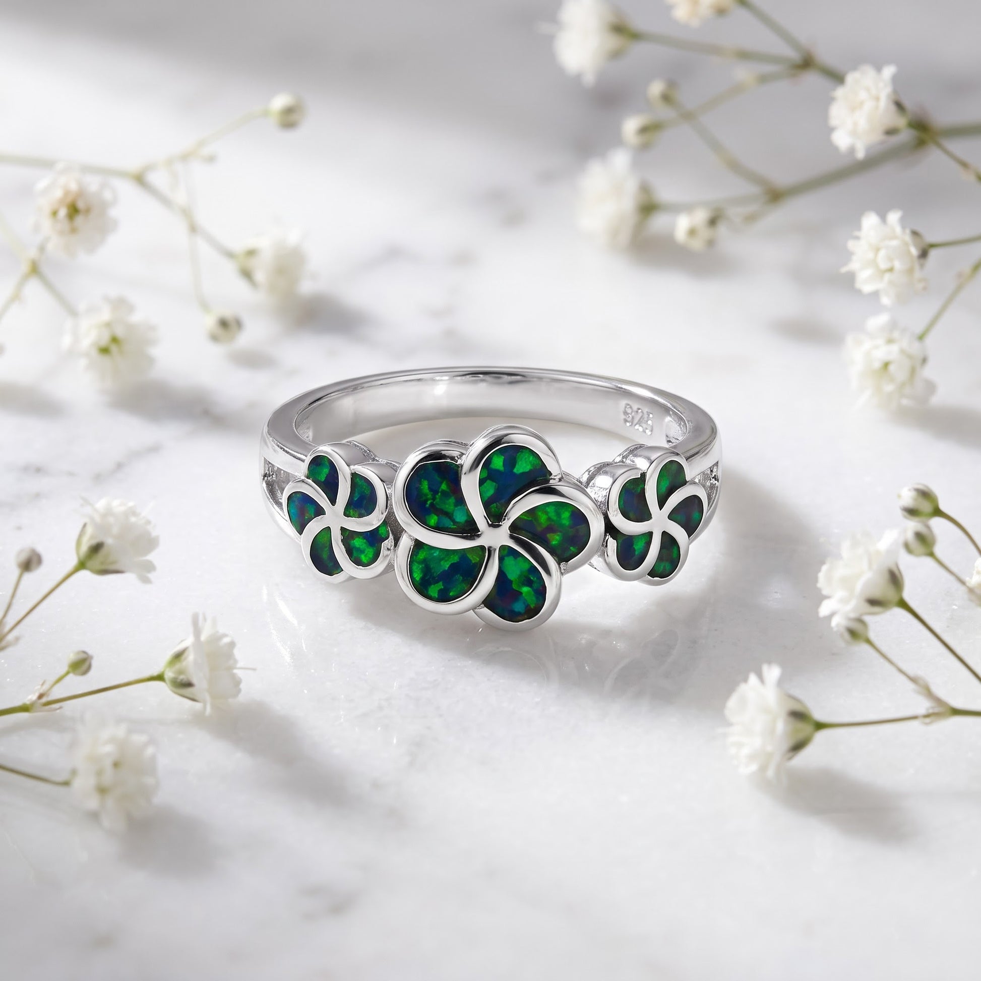 Sterling Silver Plumeria Green-Black Lab Opal Ring for Women, CZ & Lab Opal, Promise Ring Gift view 1