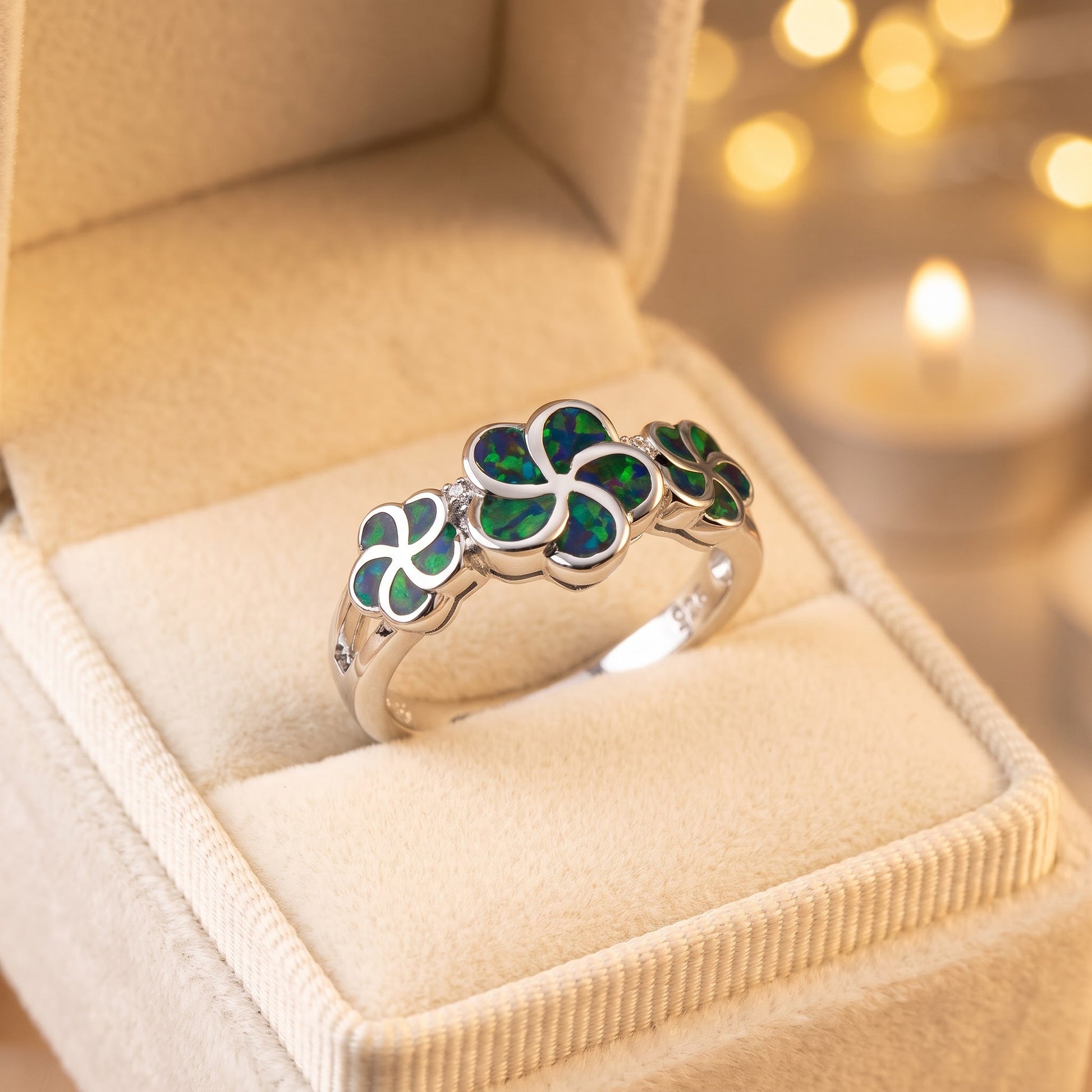 Sterling Silver Plumeria Green-Black Lab Opal Ring for Women, CZ & Lab Opal, Promise Ring Gift view 3