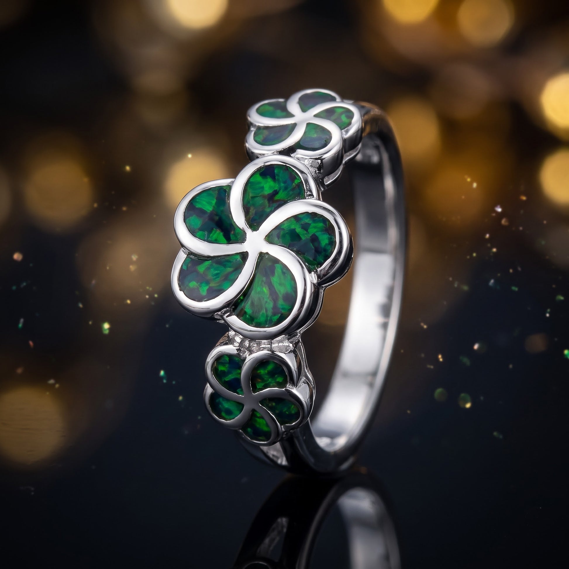 Sterling Silver Plumeria Green-Black Lab Opal Ring for Women, CZ & Lab Opal, Promise Ring Gift view 4