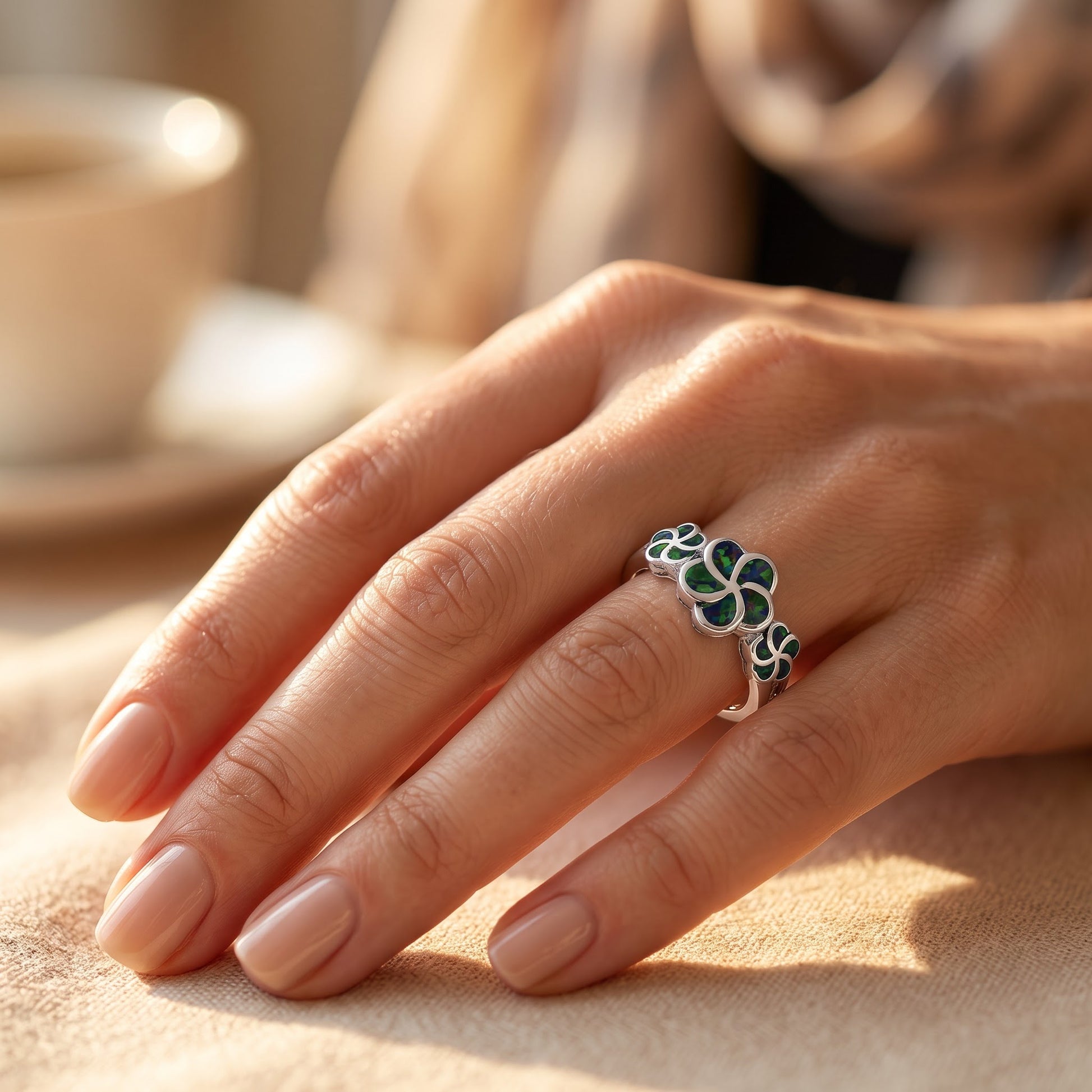 Sterling Silver Plumeria Green-Black Lab Opal Ring for Women, CZ & Lab Opal, Promise Ring Gift view 5