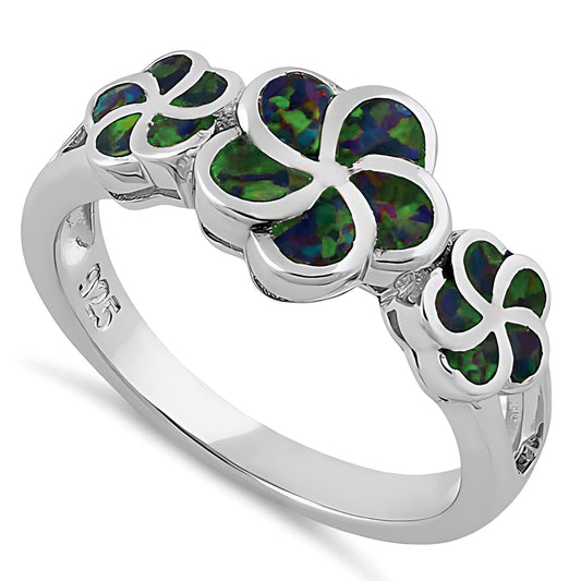Sterling Silver Plumeria Green-Black Lab Opal Ring for Women, CZ & Lab Opal, Promise Ring Gift