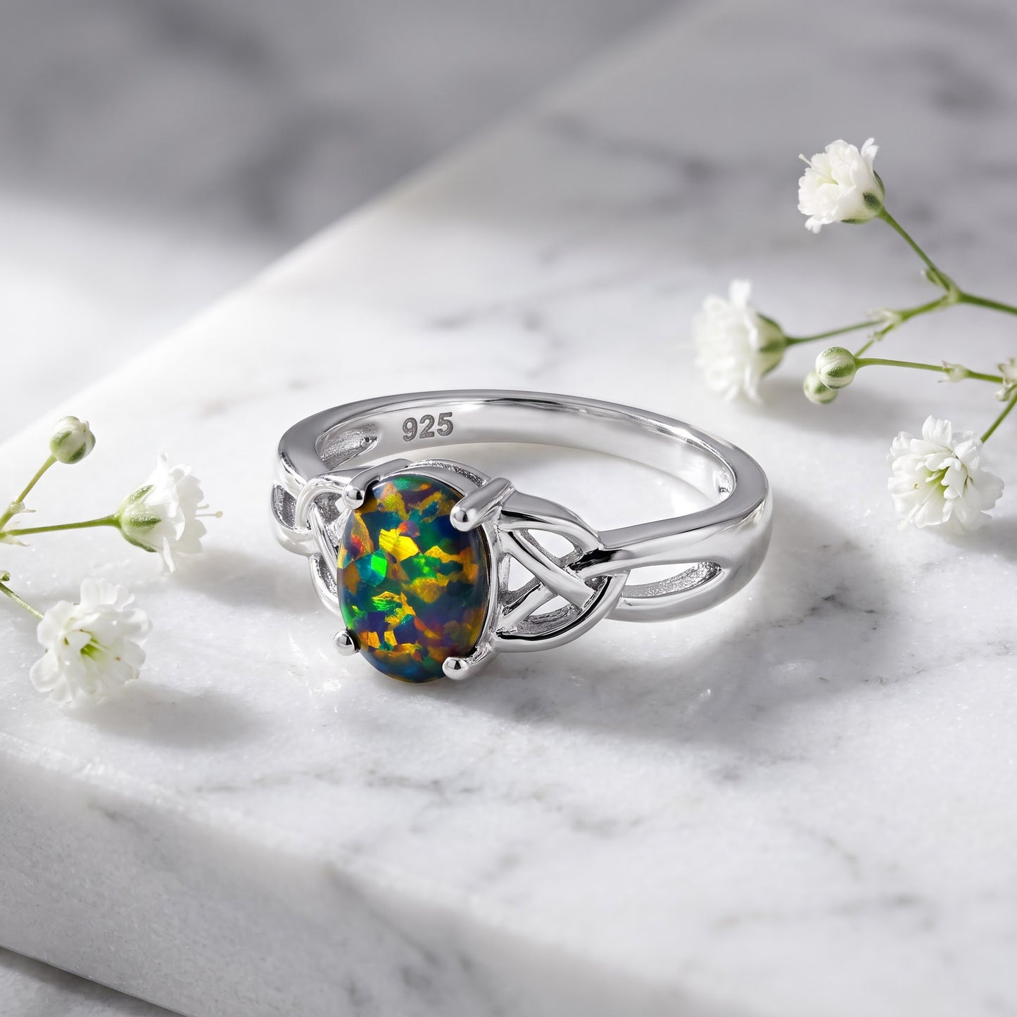 Sterling Silver Center Stone Charmed Green-Black Lab Opal Ring for Women, CZ & Lab Opal, Promise Ring Gift view 1
