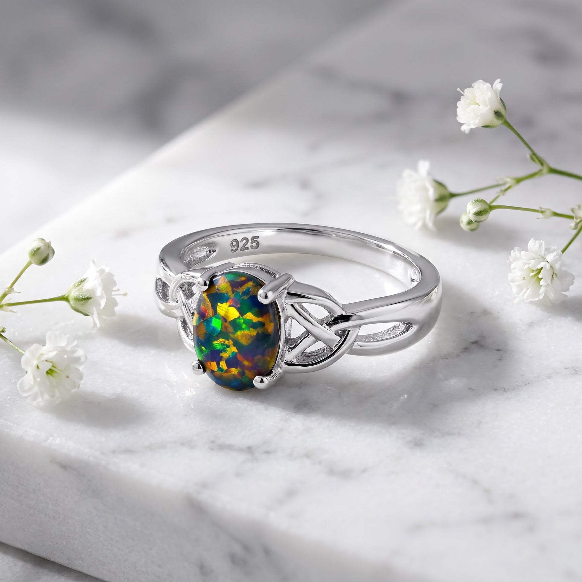 Sterling Silver Center Stone Charmed Green-Black Lab Opal Ring for Women, CZ & Lab Opal, Promise Ring Gift view 1