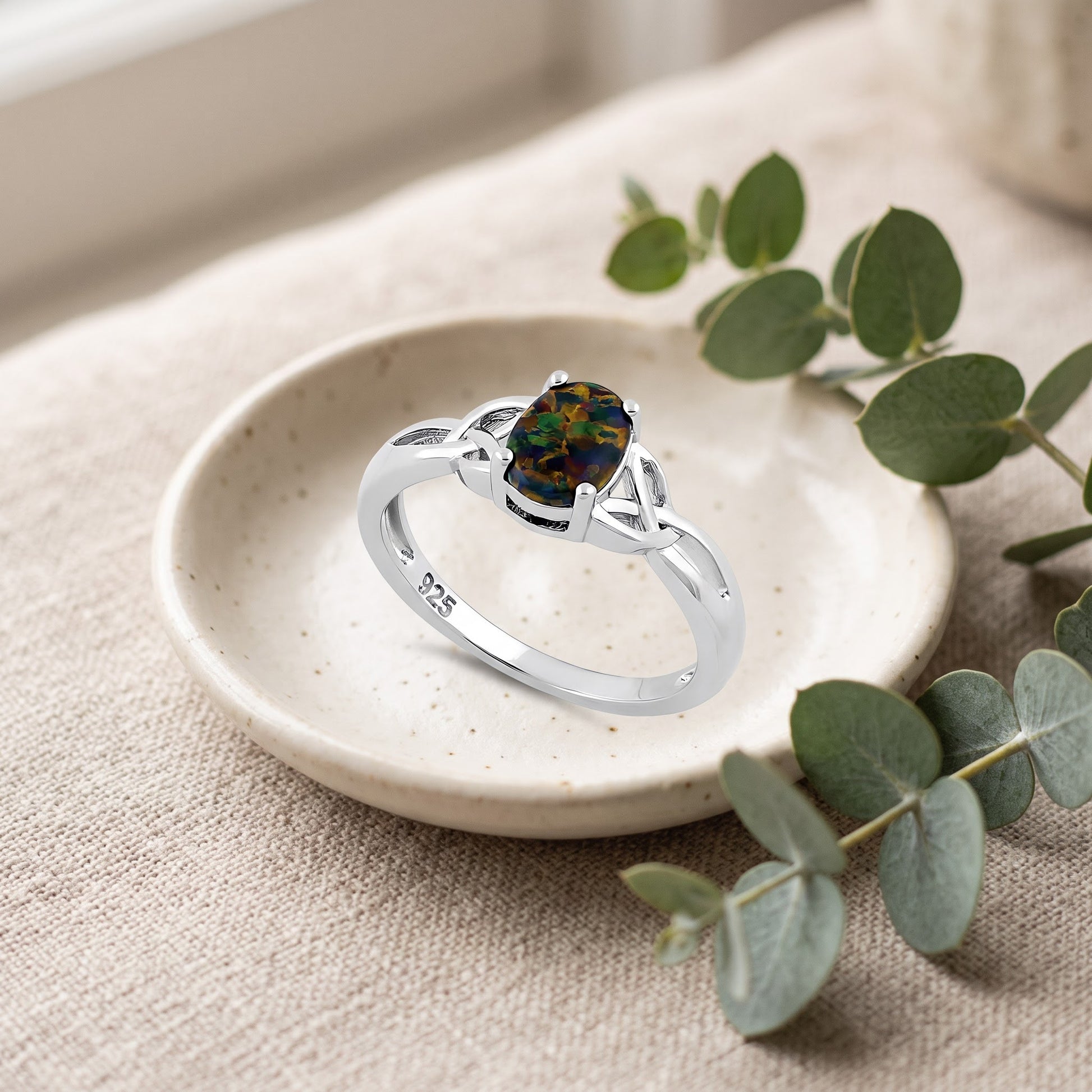 Sterling Silver Center Stone Charmed Green-Black Lab Opal Ring for Women, CZ & Lab Opal, Promise Ring Gift view 2