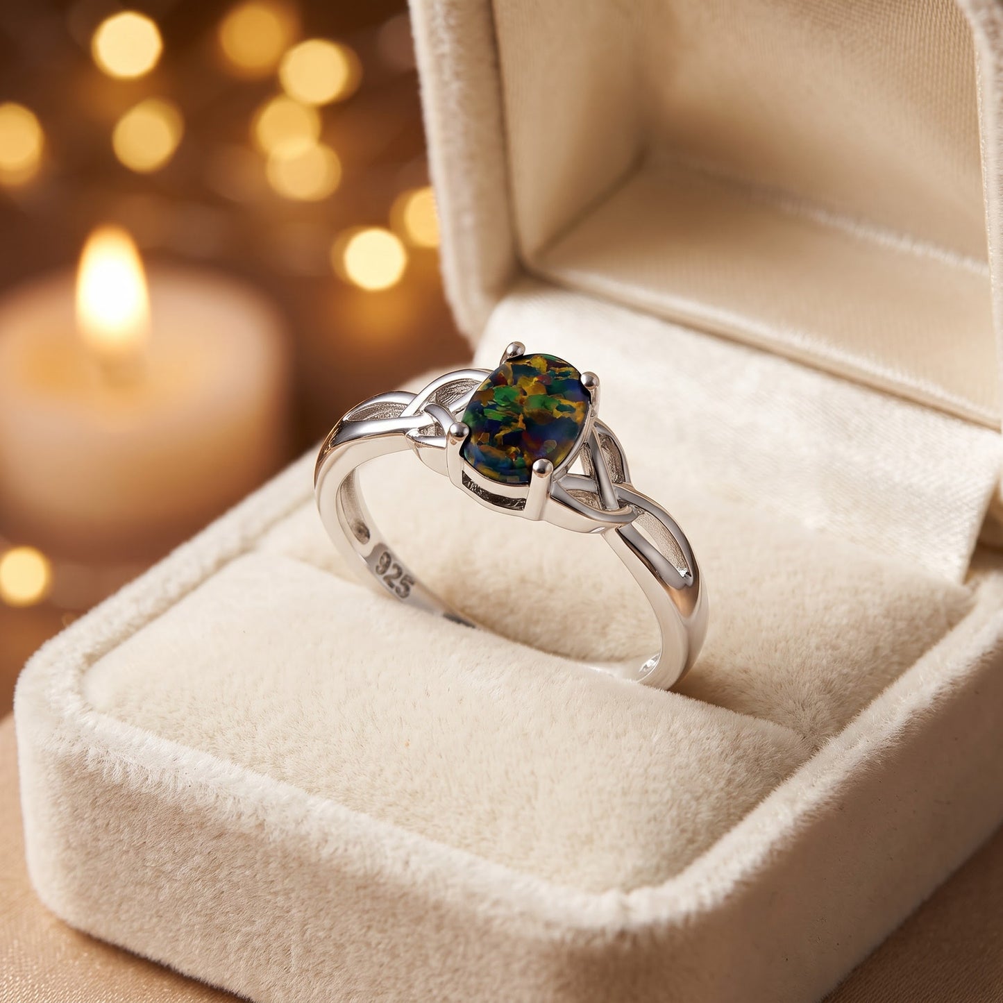 Sterling Silver Center Stone Charmed Green-Black Lab Opal Ring for Women, CZ & Lab Opal, Promise Ring Gift view 3