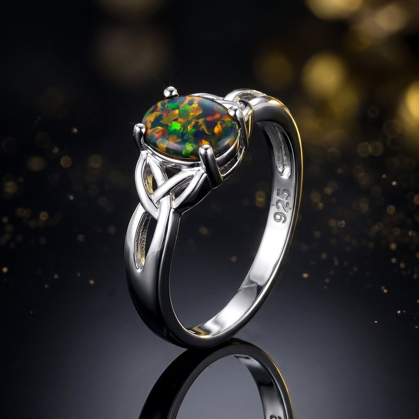 Sterling Silver Center Stone Charmed Green-Black Lab Opal Ring for Women, CZ & Lab Opal, Promise Ring Gift view 4