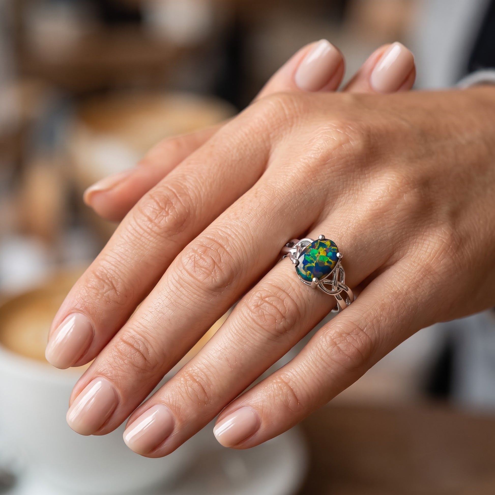 Sterling Silver Center Stone Charmed Green-Black Lab Opal Ring for Women, CZ & Lab Opal, Promise Ring Gift view 5