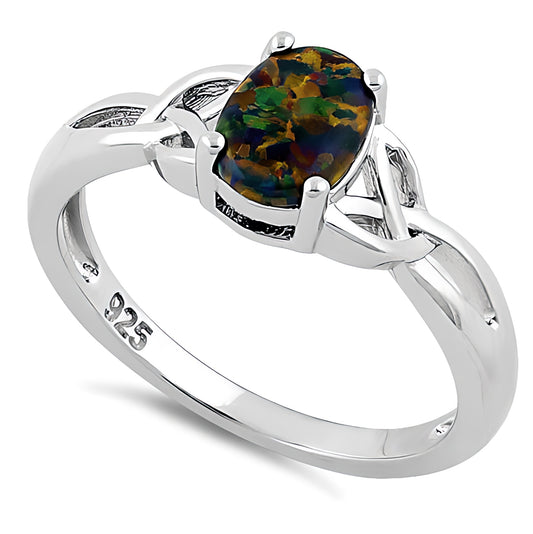 Sterling Silver Center Stone Charmed Green-Black Lab Opal Ring for Women, CZ & Lab Opal, Promise Ring Gift