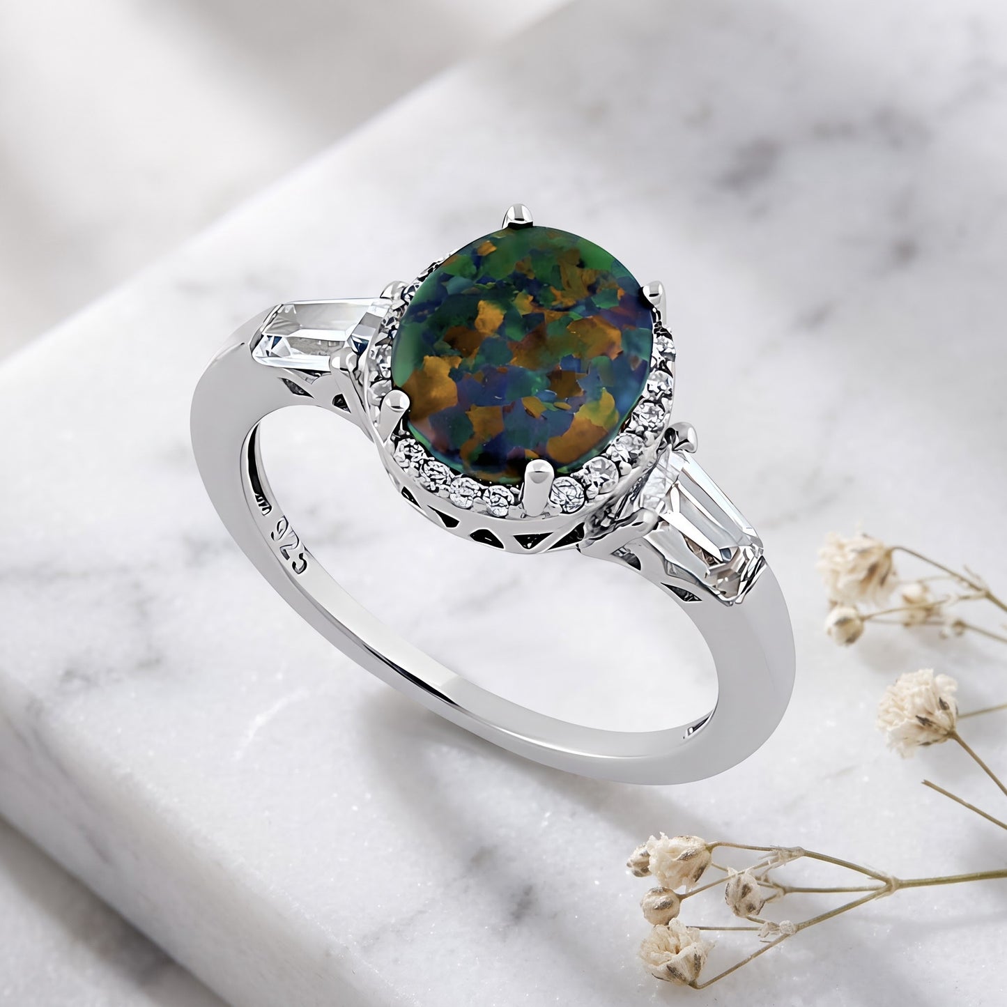 Sterling Silver Dazzling Oval Green-Black Lab Opal CZ Ring for Women, Oval CZ & Lab Opal, Promise Ring Gift view 1