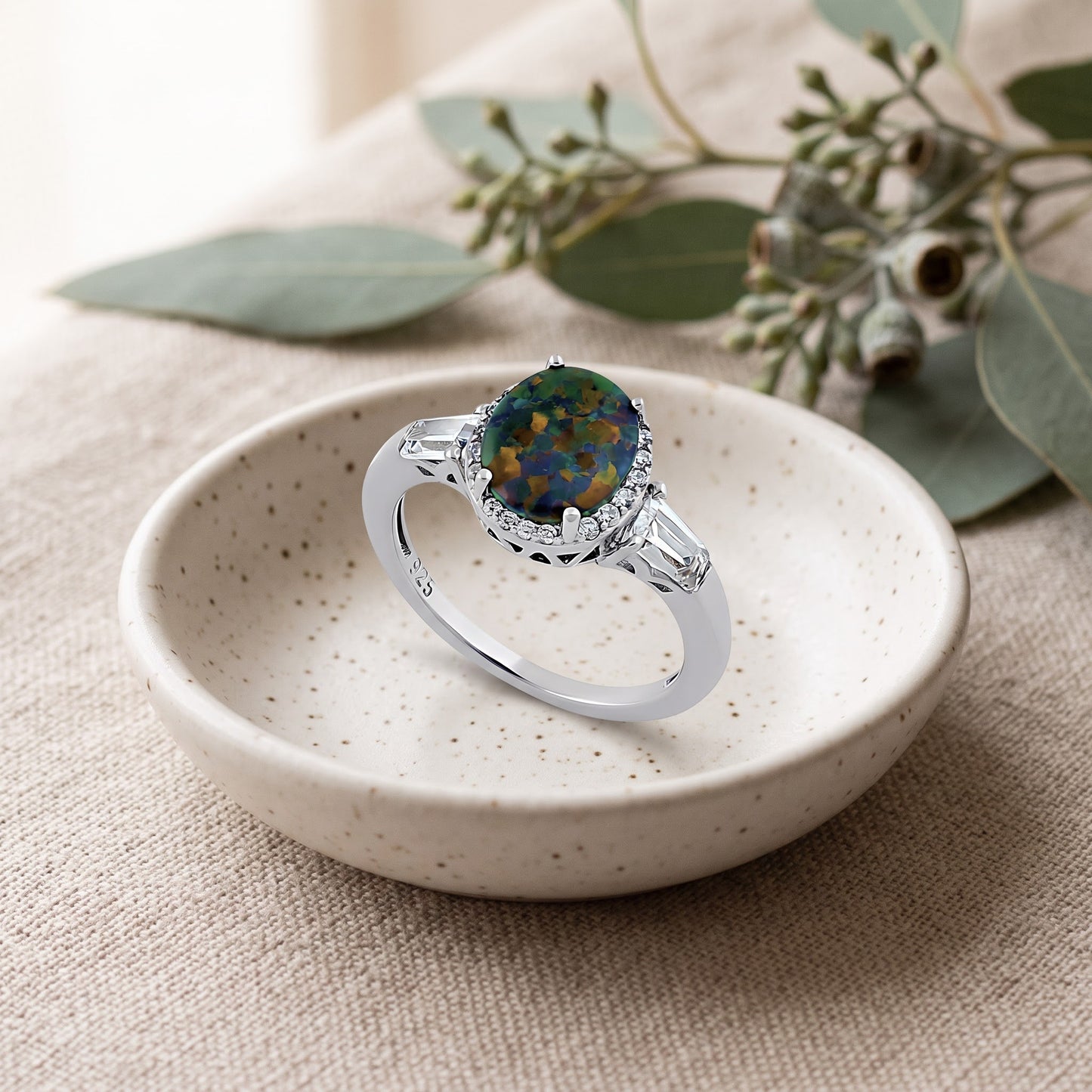 Sterling Silver Dazzling Oval Green-Black Lab Opal CZ Ring for Women, Oval CZ & Lab Opal, Promise Ring Gift view 2