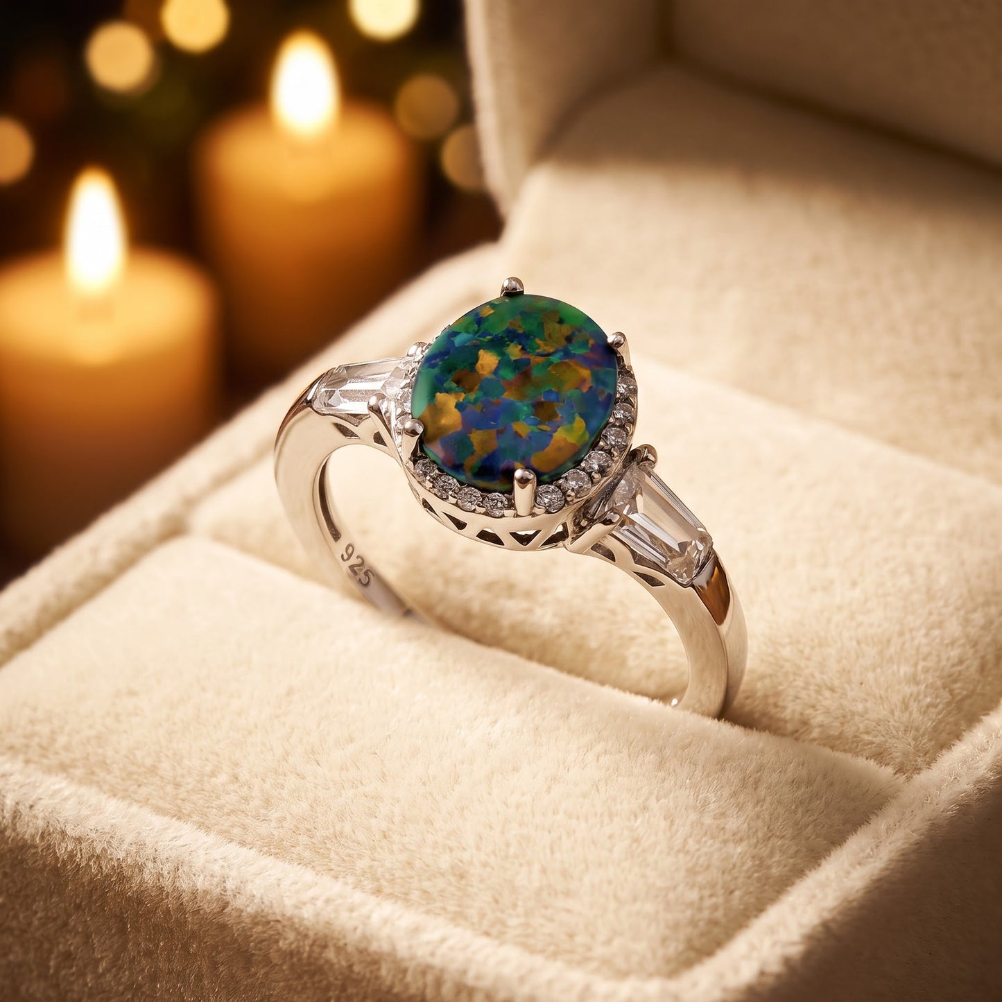 Sterling Silver Dazzling Oval Green-Black Lab Opal CZ Ring for Women, Oval CZ & Lab Opal, Promise Ring Gift view 3