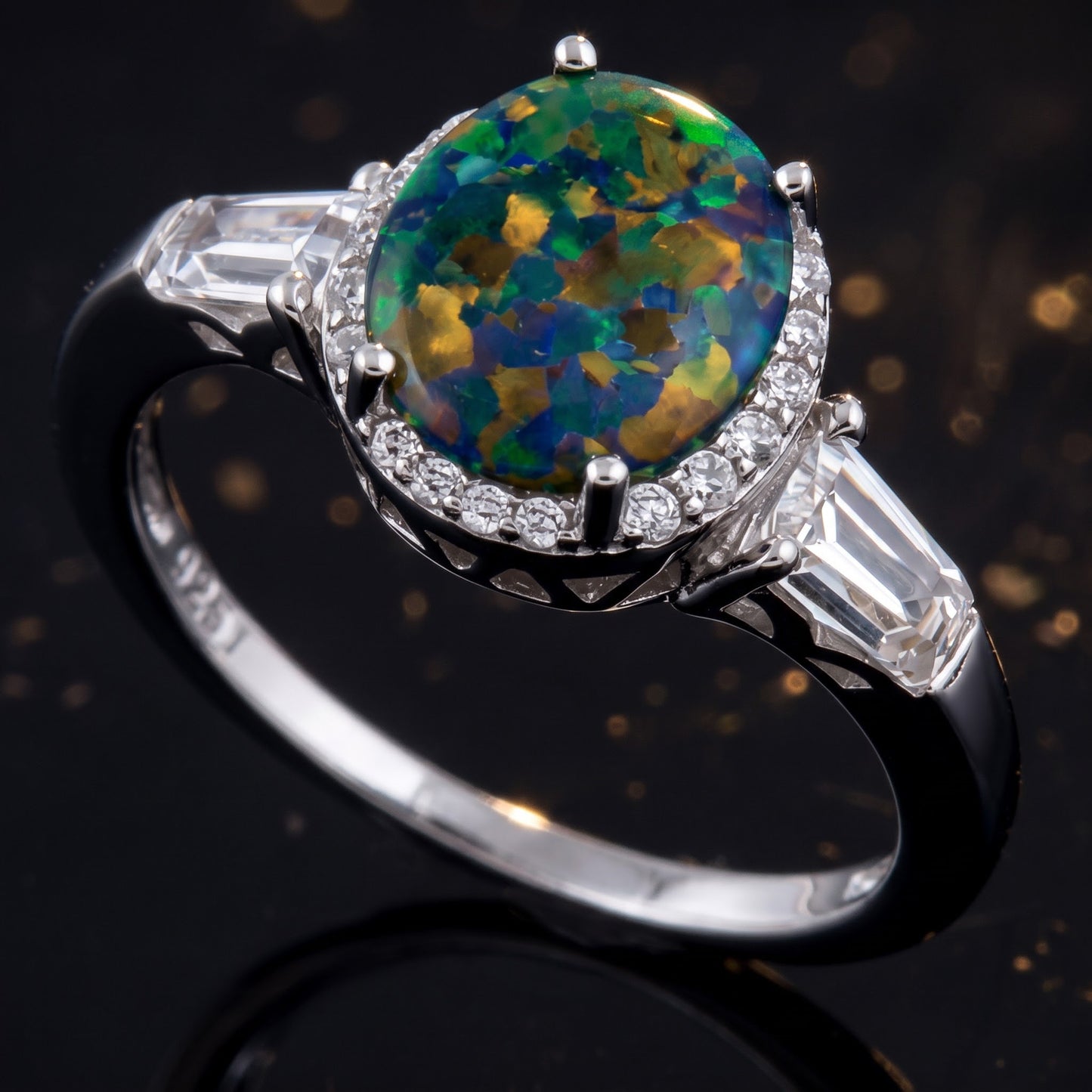 Sterling Silver Dazzling Oval Green-Black Lab Opal CZ Ring for Women, Oval CZ & Lab Opal, Promise Ring Gift view 4
