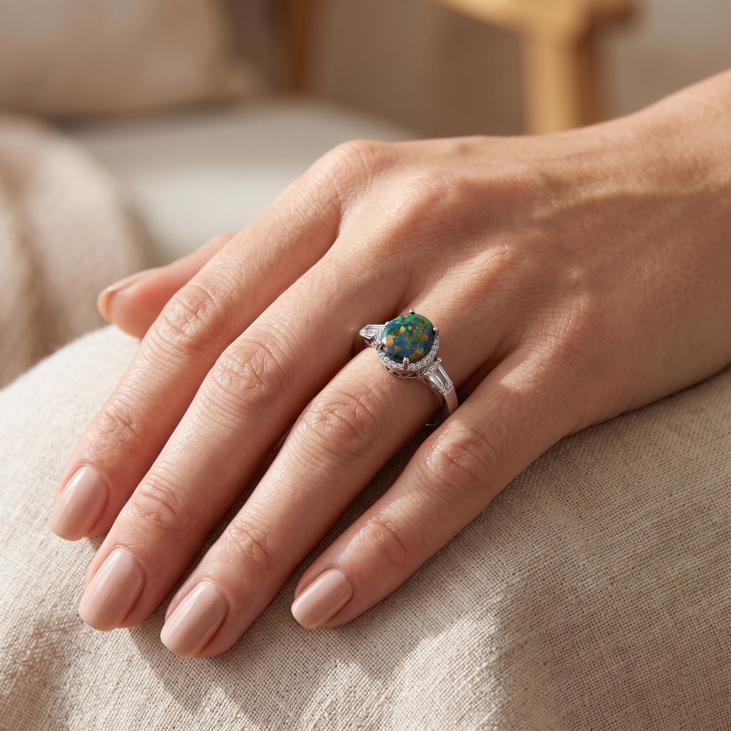Sterling Silver Dazzling Oval Green-Black Lab Opal CZ Ring for Women, Oval CZ & Lab Opal, Promise Ring Gift view 5