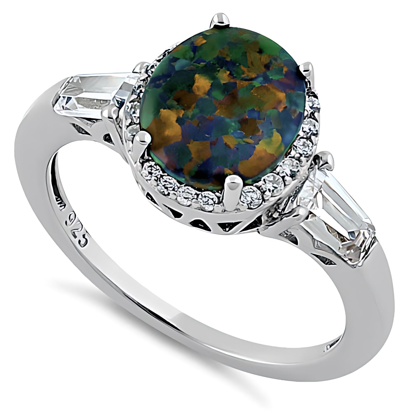 Sterling Silver Dazzling Oval Green-Black Lab Opal CZ Ring for Women, Oval CZ & Lab Opal, Promise Ring Gift