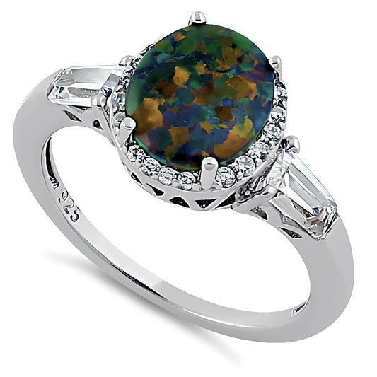 Sterling Silver Dazzling Oval Green-Black Lab Opal CZ Ring for Women, Oval CZ & Lab Opal, Promise Ring Gift
