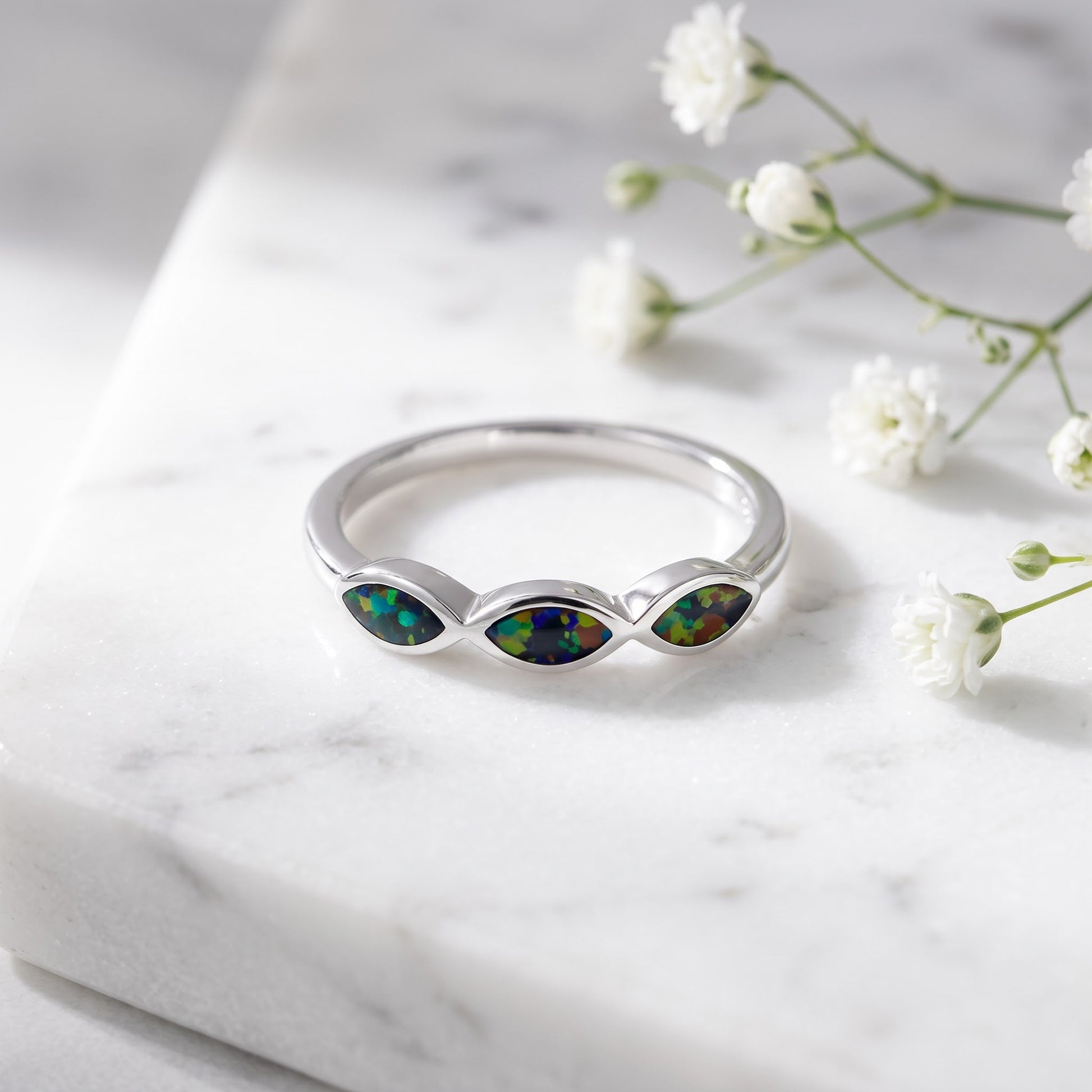 Sterling Silver Triple Marquise Green-Black Lab Opal Ring for Women, Marquise CZ & Lab Opal, Promise Ring Gift view 1