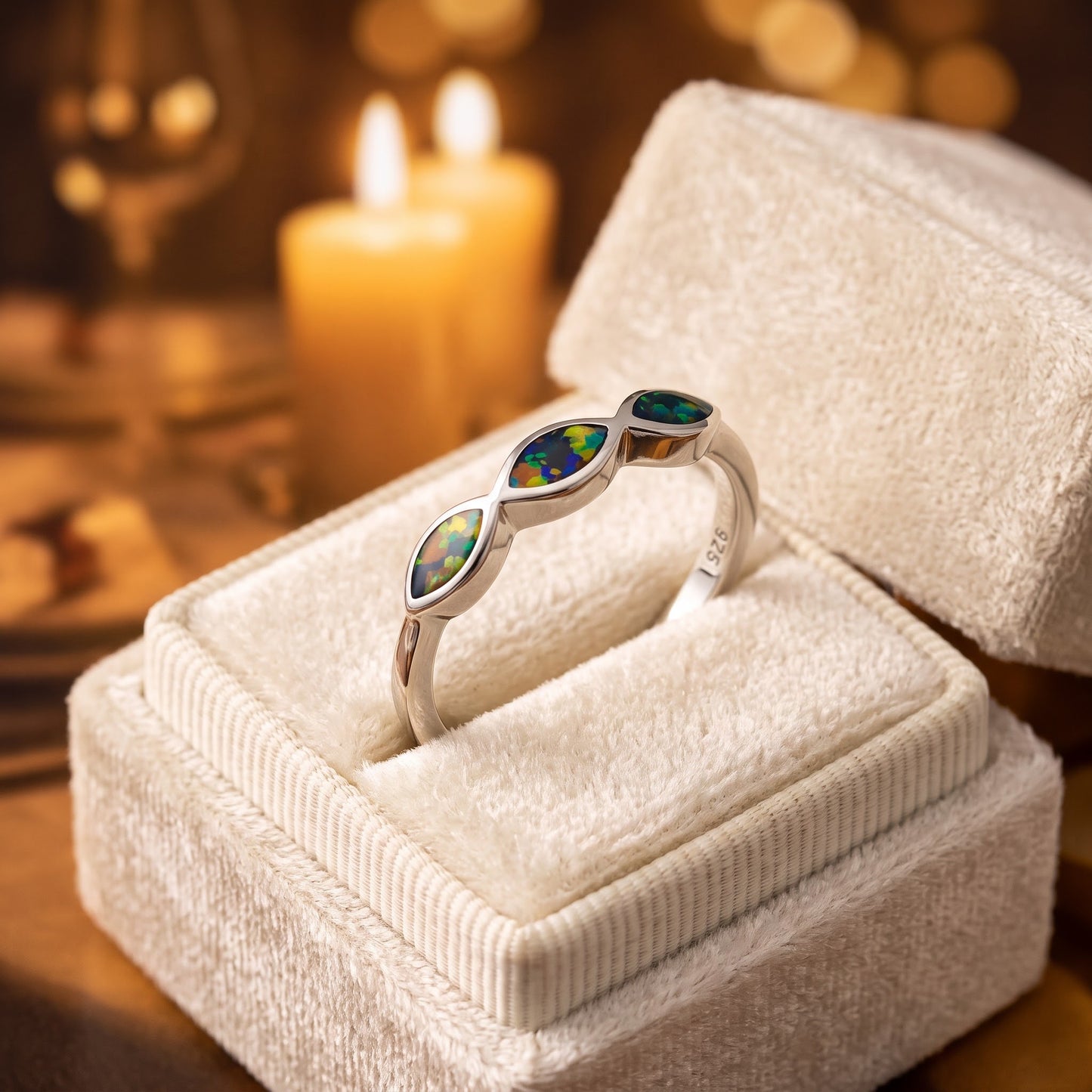 Sterling Silver Triple Marquise Green-Black Lab Opal Ring for Women, Marquise CZ & Lab Opal, Promise Ring Gift view 3